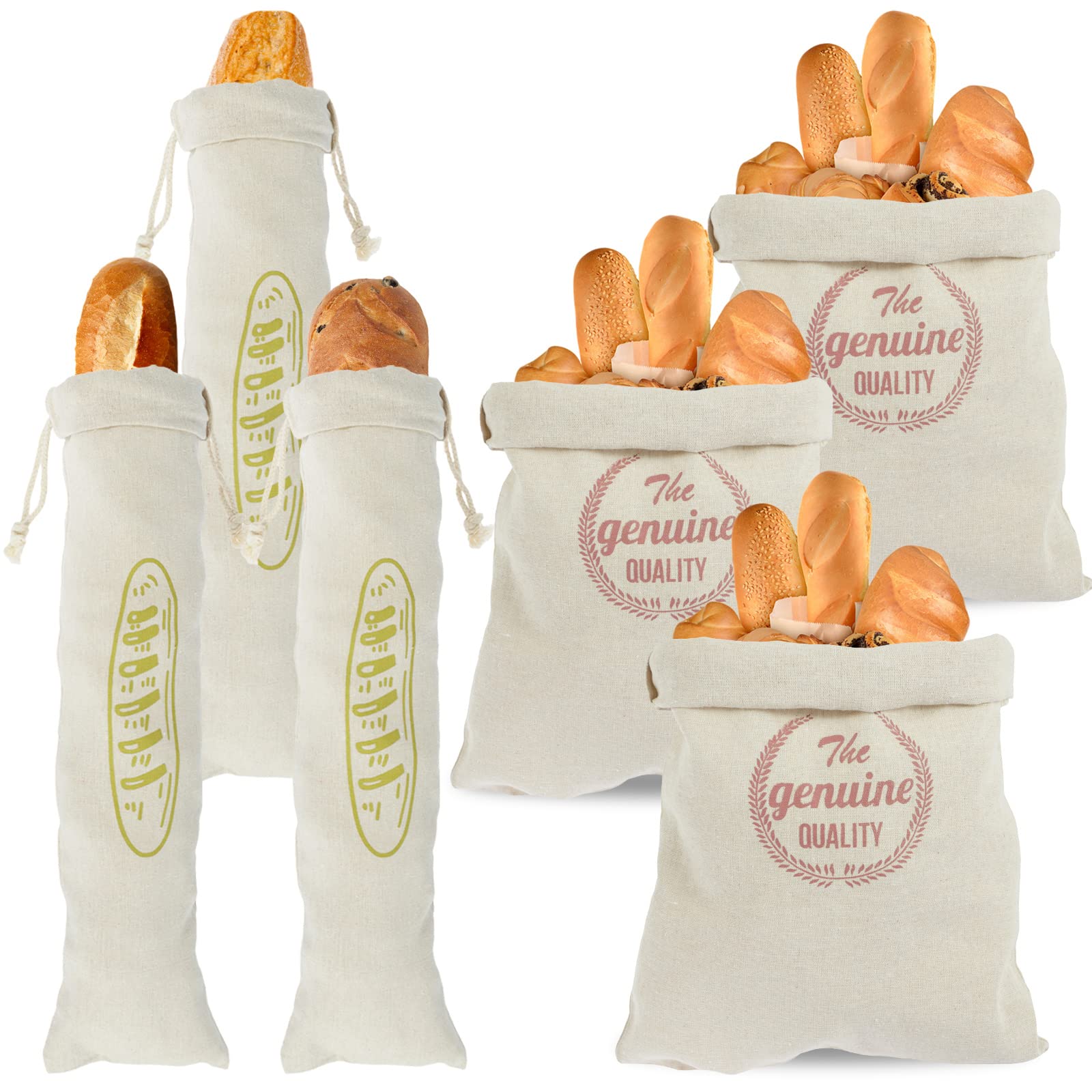 6 Pcs Linen Bread Bags Large Drawstring Bread Storage Bags Reusable Loaf Bags Homemade Food Storage Wedding Gift for Homemade Bread Bakery 6 Pcs Linen Bread Bags(Green Barbar+Red Bread Bag)