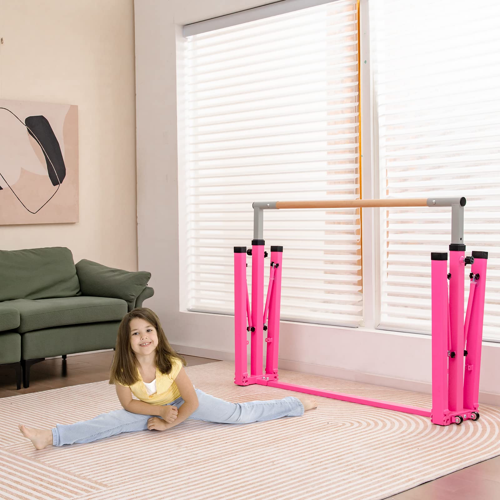 COSTWAY Barre de Gymnastique Pliable pour Enfants avec 13 Hauteurs Réglables (90-150cm), Barre d'Entraînement Extensible avec Structure Triangulaire, Charge 100kg pour Maison Salle de Gym
