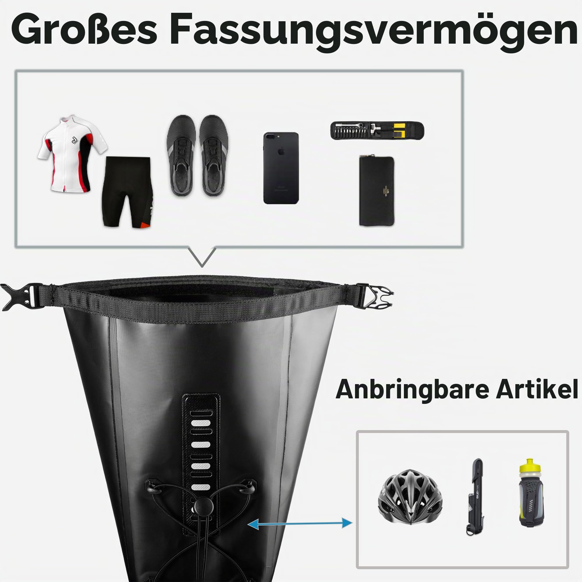 wasserdichte Fahrrad-Satteltasche - 13L Rollverschluss Fahrradsatteltasche Unter Sattel Aufbewahrungstasche für Mountainbike Rennrad Reisen (Schwarz)