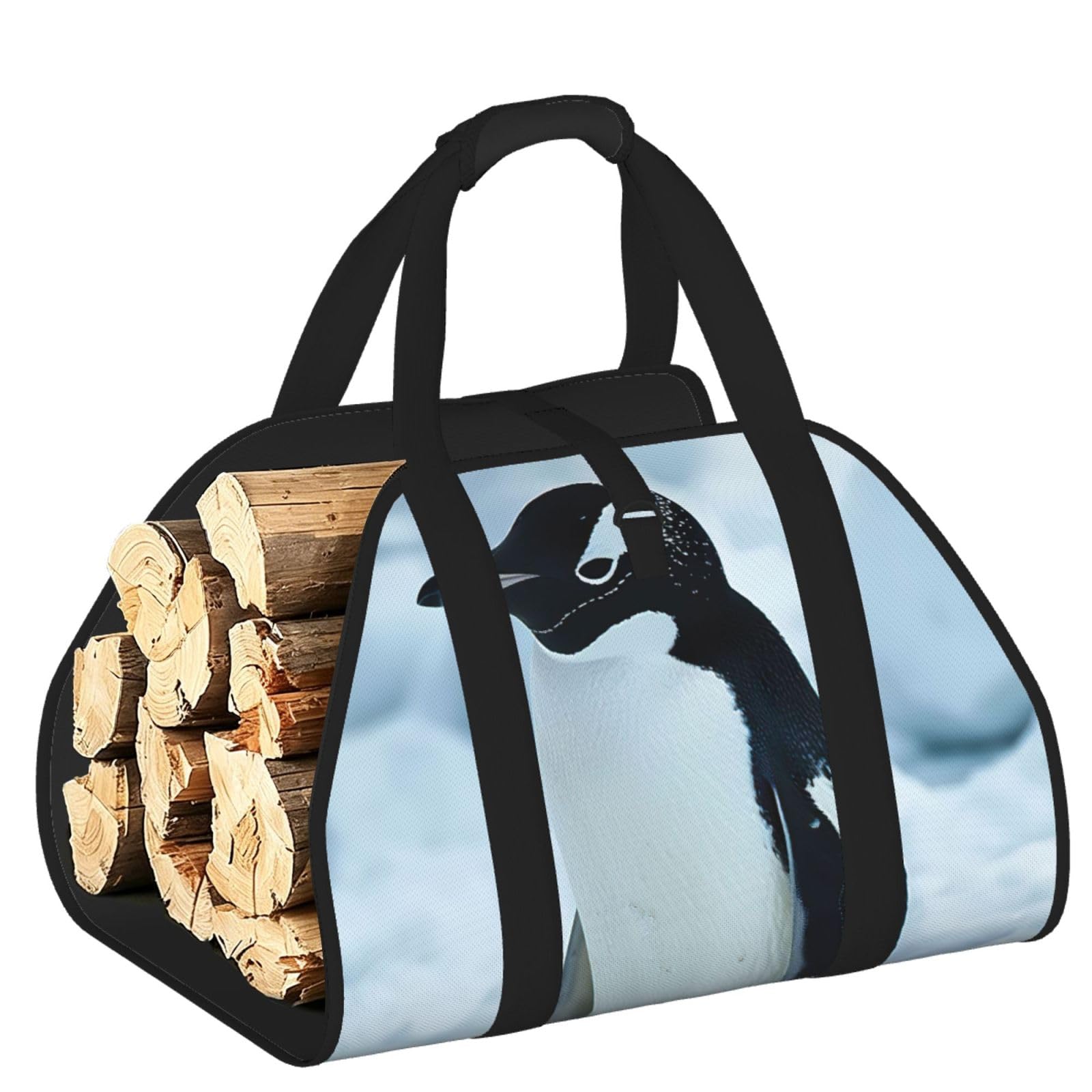 Pphgut Black Penguin Print Firewood Bag Wood Carrier Transport Sack Camping Picnic Storage Daily Home