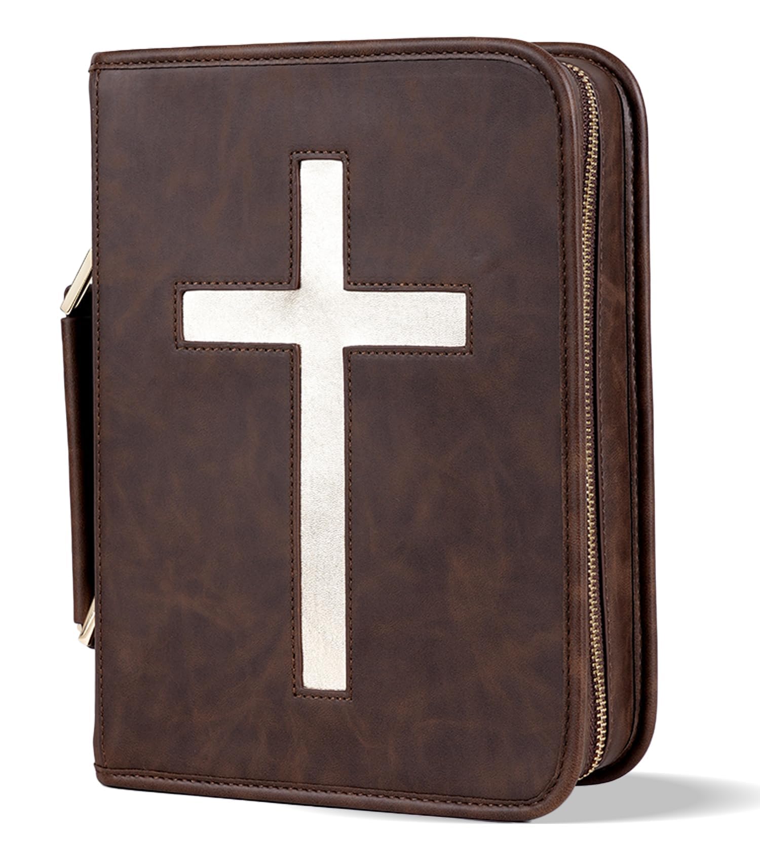 Vegan Leather Bible Cover Case, Bible Bag with Phone Pocket, Large Bible Case for Men Women, Christian Gift Box Packaging (Brown)