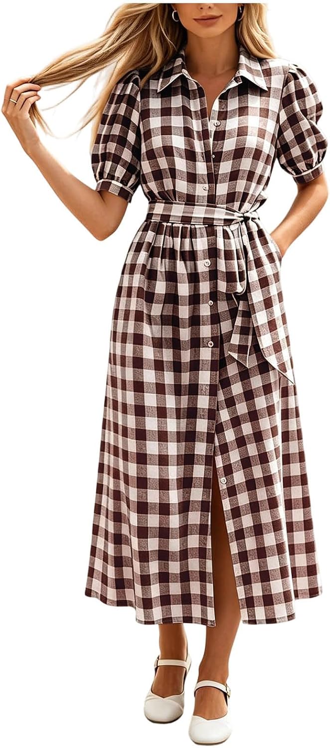 Plaid Printed Maxi Dress for Women Button Down Collared Short Sleeve Dresses with Belt Travel Vacation Summer Dress