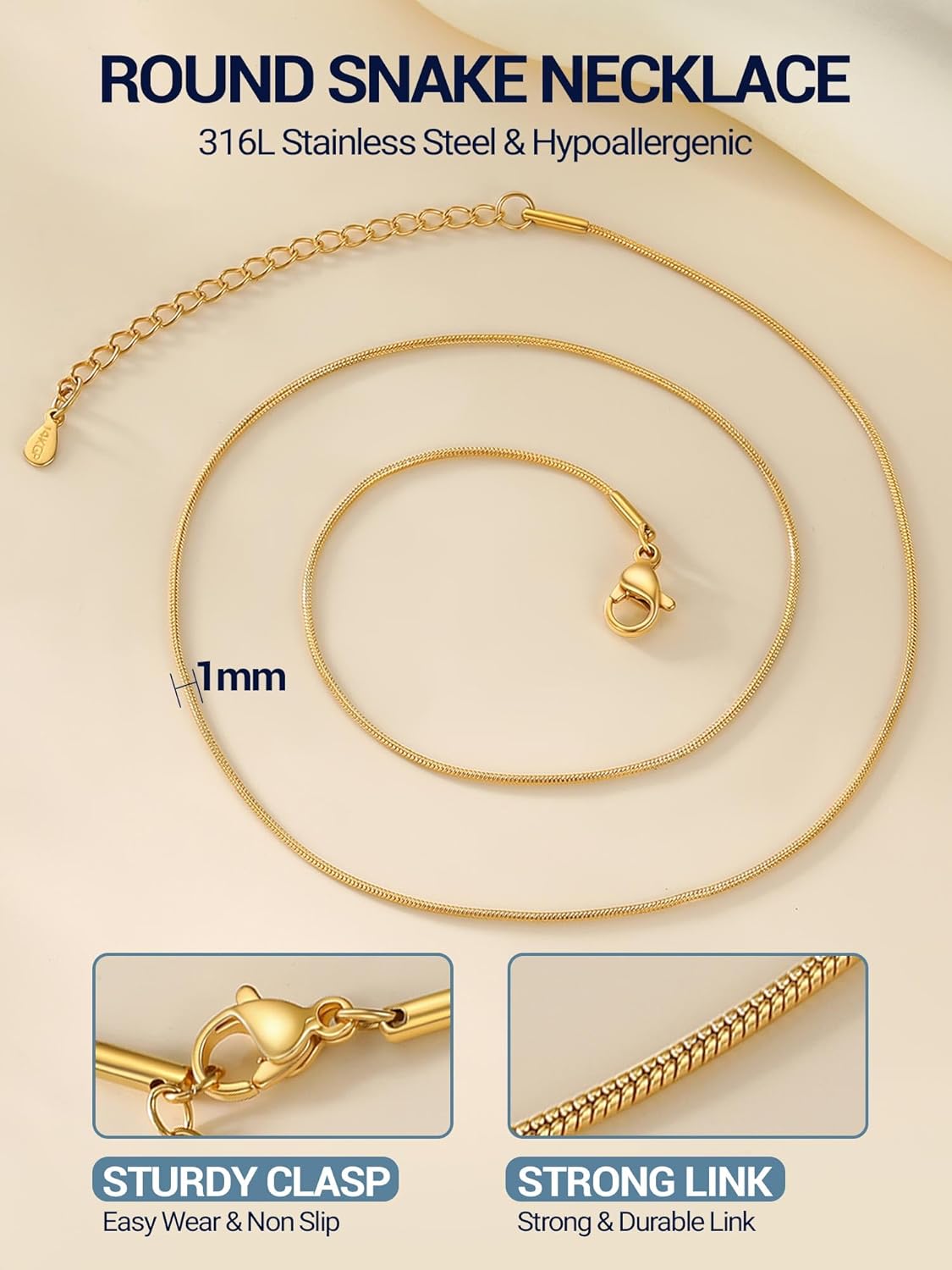 PROSTEEL Round Snake Chain Necklace for Women, 14K Gold/Rose Gold/Silver/Black Chain with Lobster Clasp, 1MM/1.2MM/1.5MM/2MM Womens Gold Necklace Thin Non Tarnish Trendy Jewlry Gifts - Image 4