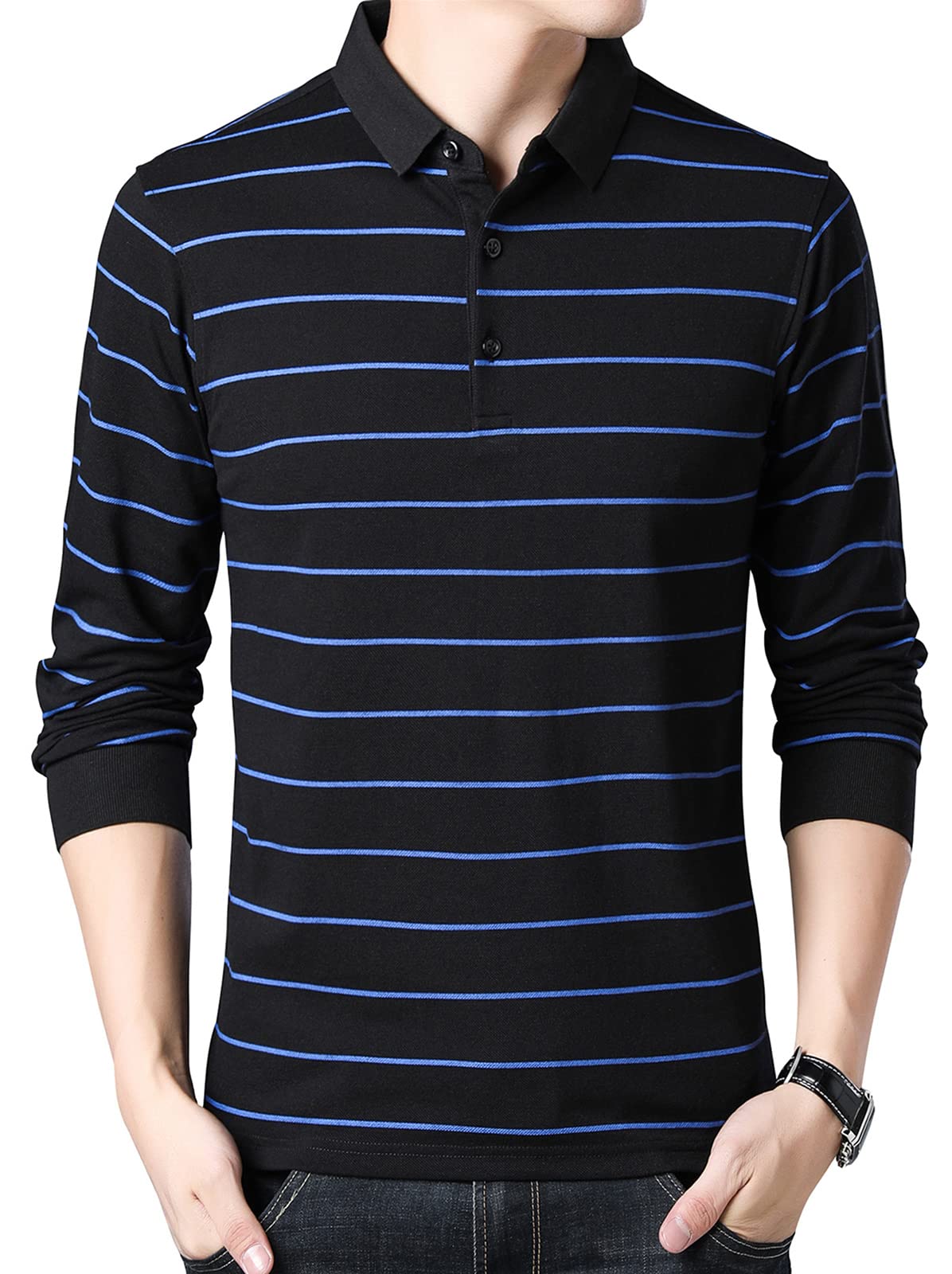 FRTCVMen's Classic Long Sleeve Striped Polo T-Shirt 8906 Black US M