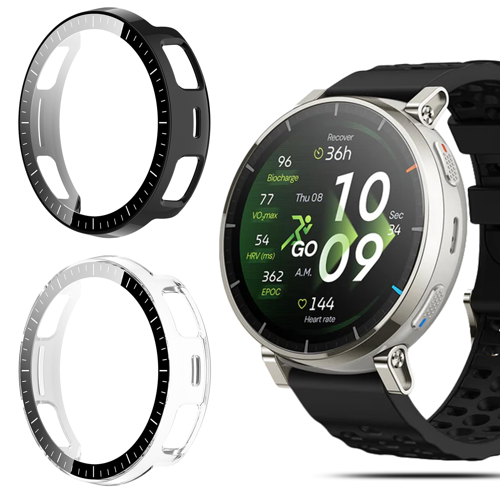 QULLOO Funda para Amazfit Active 3 45mm Protector de Pantalla, Ultra Delgada PC Protección Completa Estuche Protector Case para Amazfit Active 3 45mm Smartwatch Carcasa, Negro + Transparente