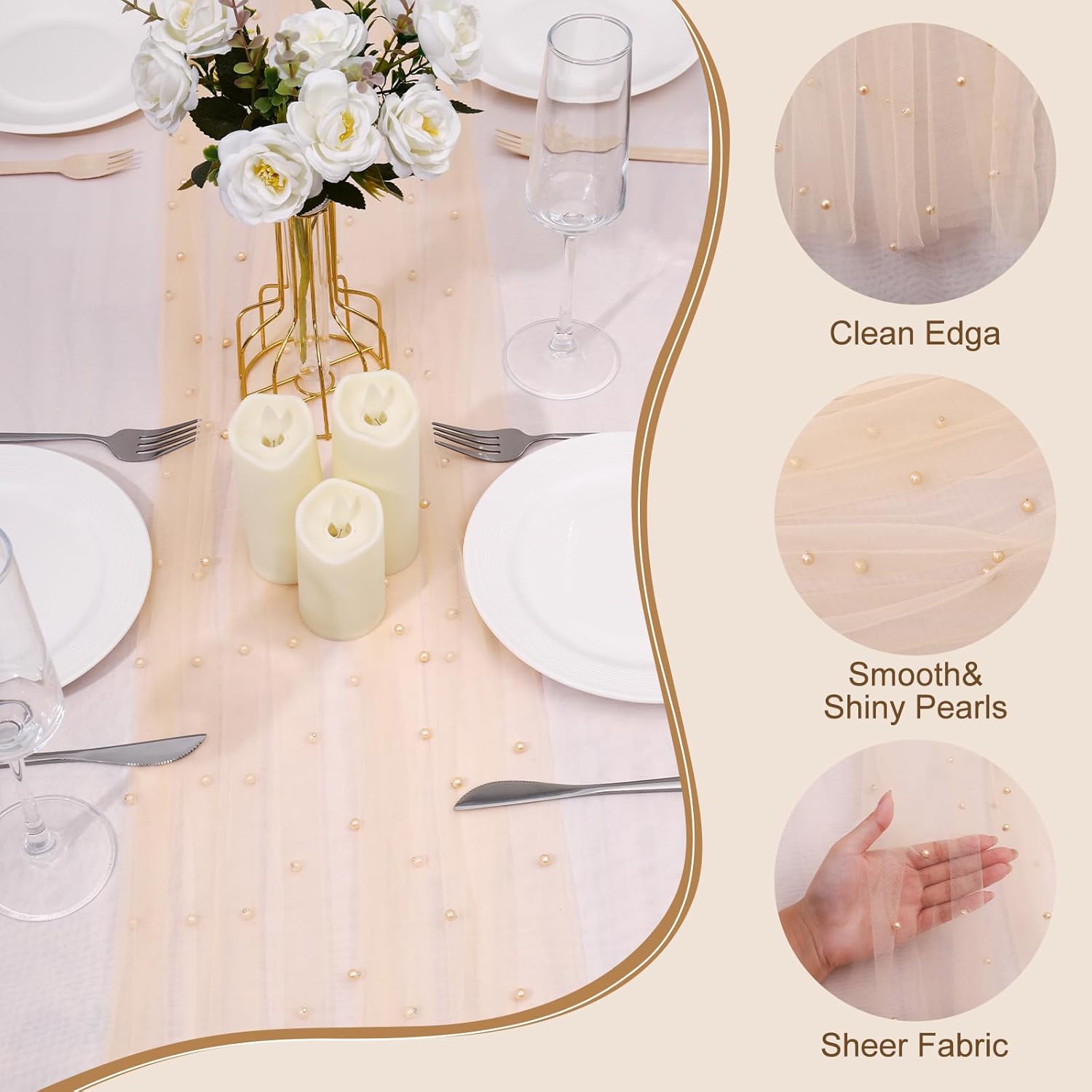 BINBE 4pcs Pearl Table Runner Spring Summer Rustic Boho 10ft Tulle Table Runner for Baby Shower Wedding Veil Holiday Dessert Table Decor Champagne - Image 3