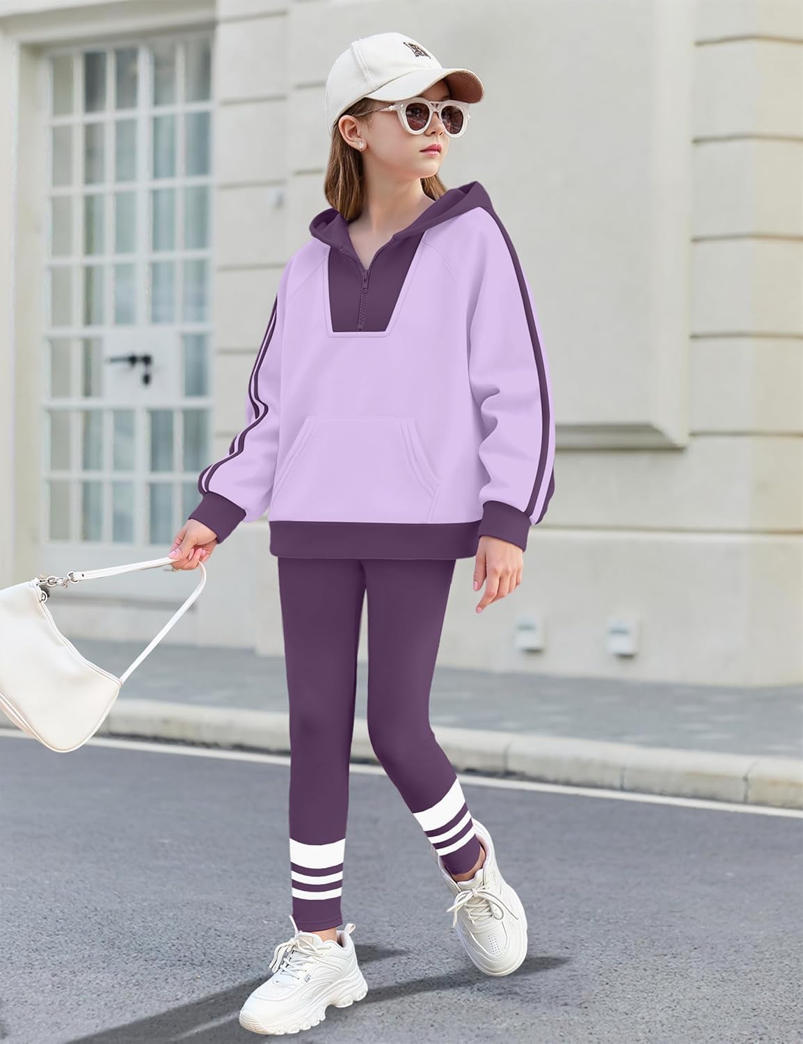 ADIRUN Girls 2 Piece Outfits Quarter Zip Hoodie Sweatshirt Print Leggings Color Block Fall Winter Clothing Sets with Pockets - Image 2