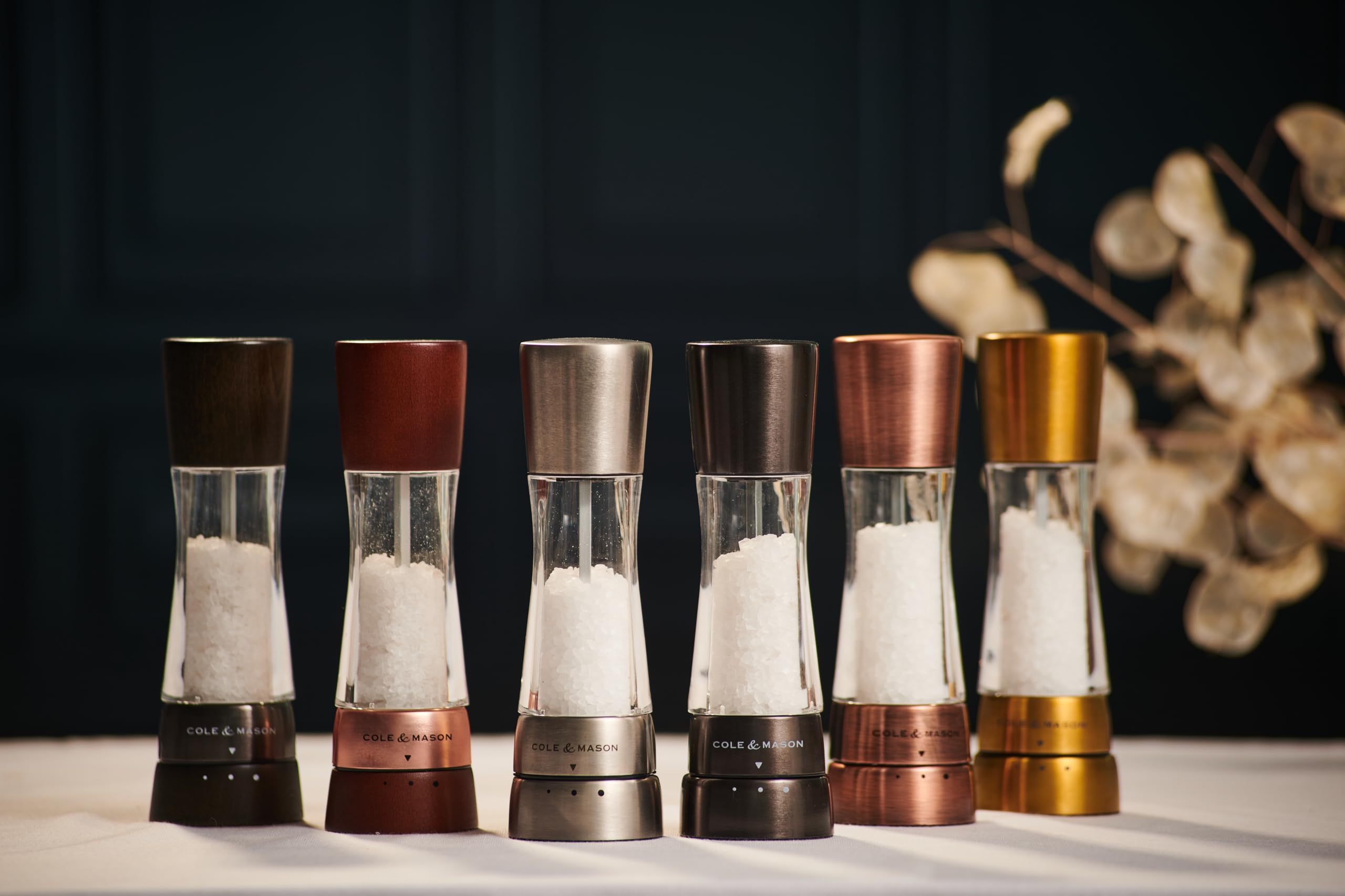 Cole & Mason Derwent Gold Salzmühle und Pfeffermühle, Gewürzmühle, 2er Set Manuell mit einstellbarem Keramik-Mahlwerk, Edelstahl/Acryl, 190mm, Precision+, Geschenkset