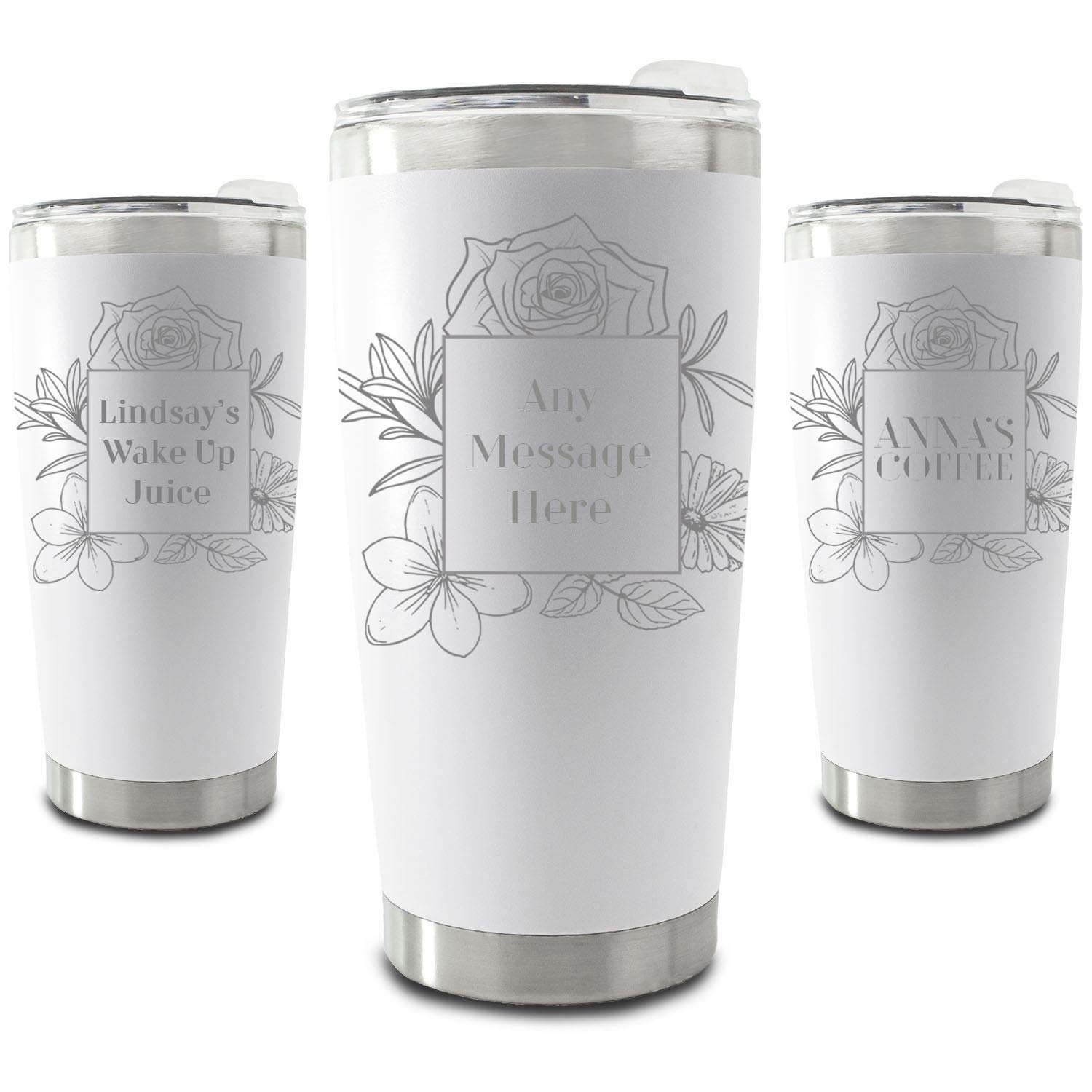 Personalisierter, gravierter, weißer 500-ml-Reisebecher mit quadratischem Blumenmuster, personalisierbar mit einer beliebigen Nachricht oder einem Namen, inklusive Geschenkbox, lasergraviert