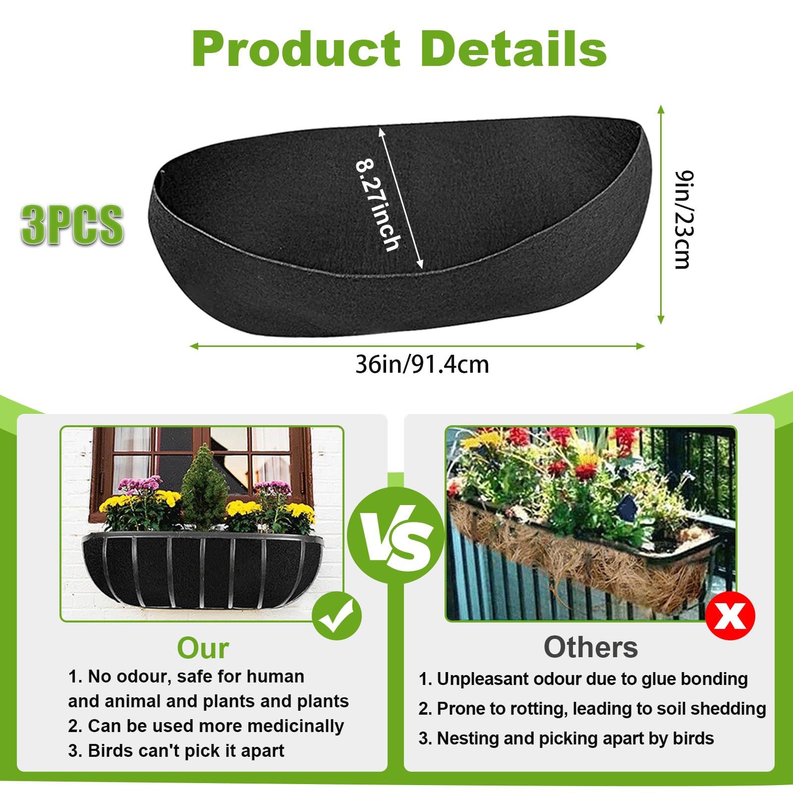 Aovanta 3PCS Felt Fabric Planter Liners 36 Inch Rectangular Trough Window Box Ha