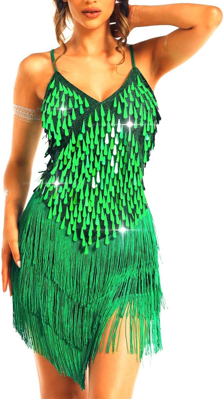 REETAN Latin Dance Dress Fringe Sequin Costume for Women