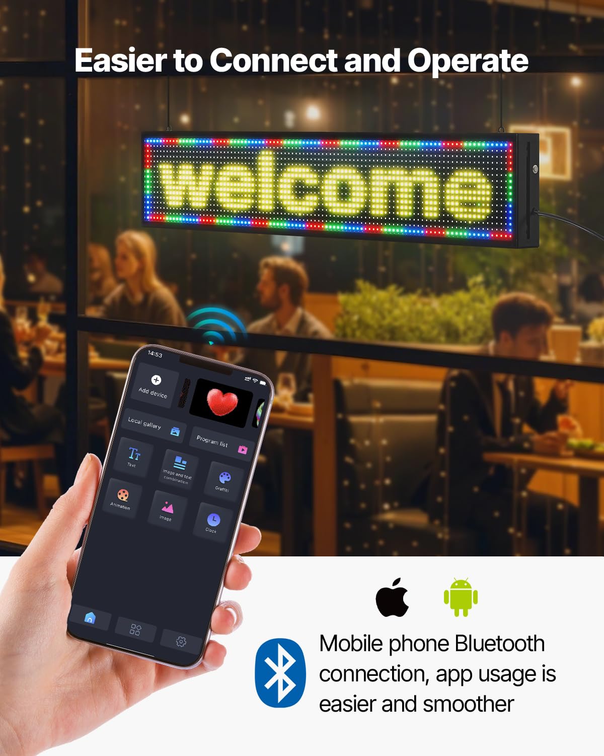 VEVOR Letrero LED Programable 99 x 19 cm Panel Digital Flexible Desplazable a Todo Color Tablero de Visualización con Patrón de Texto Personalizado Control de Aplicación Bluetooth para Publicidad