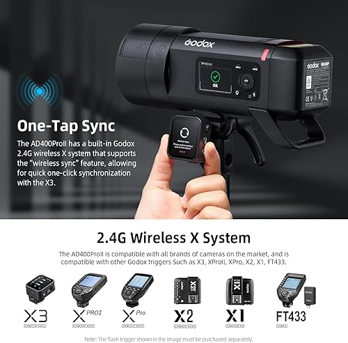 Vista 42 de GODOX AD400 Pro AD400Pro - Luz estroboscópica para exteriores, 400 W TTL portátil Flash Monolight, 390 estallidos de potencia completa, 0.01-1s