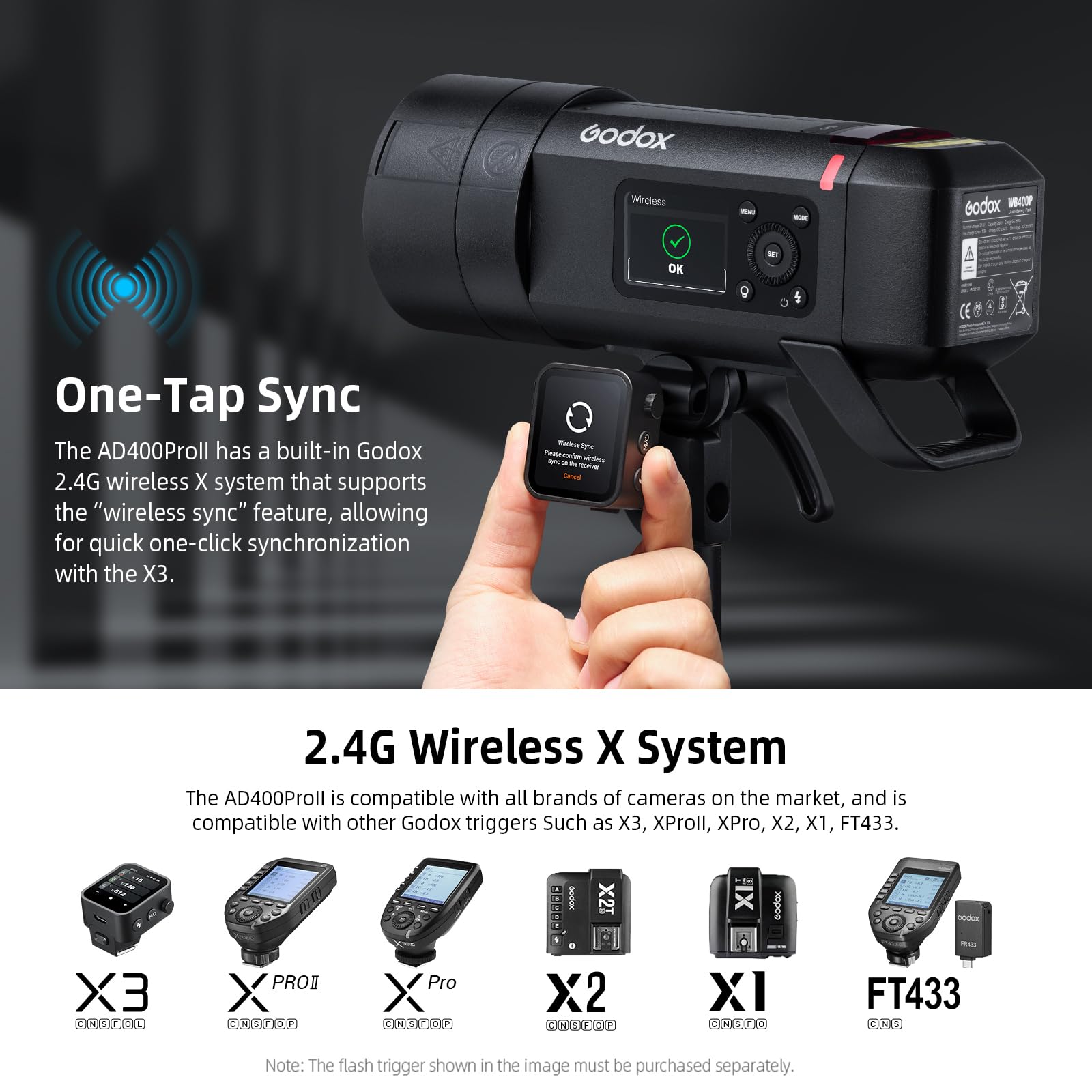 Godox AD400Pro II AD400ProII Blitzgerät, GN72 400 Ws 2,4 G TTL 1/8000s HSS, One-Tap Synchronisation mit X3 Auslöser, 16 Farbgruppenanzeige, Bi-Color Modellierlampe