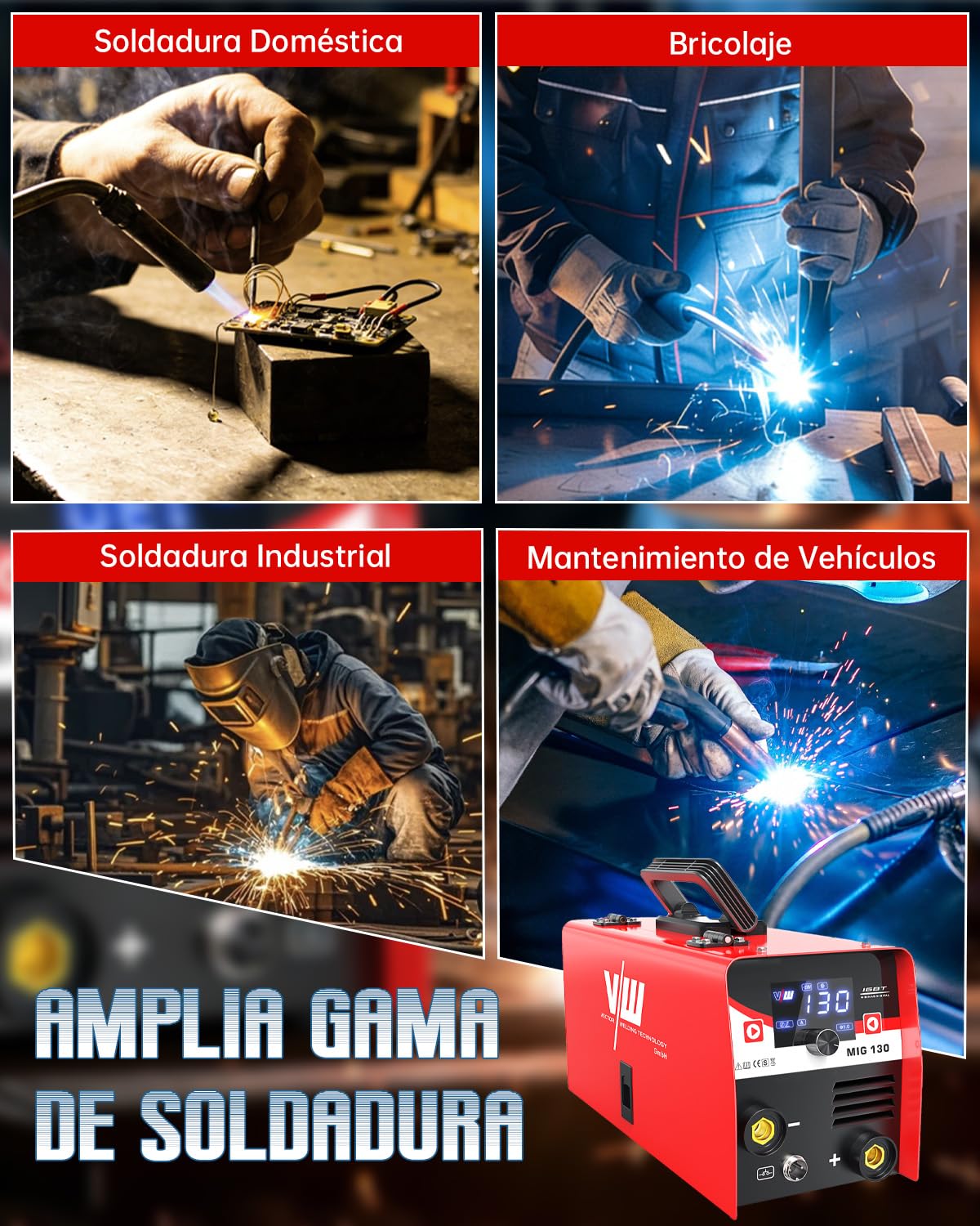 VECTOR WELDING Soldador de Hilo sin Gas 130A, Máquina de Soldar Mig sin Gas con Función de Soldadura por Electrodo, Grupo de soldar Mig Mag Portátil con Alambre, IGBT
