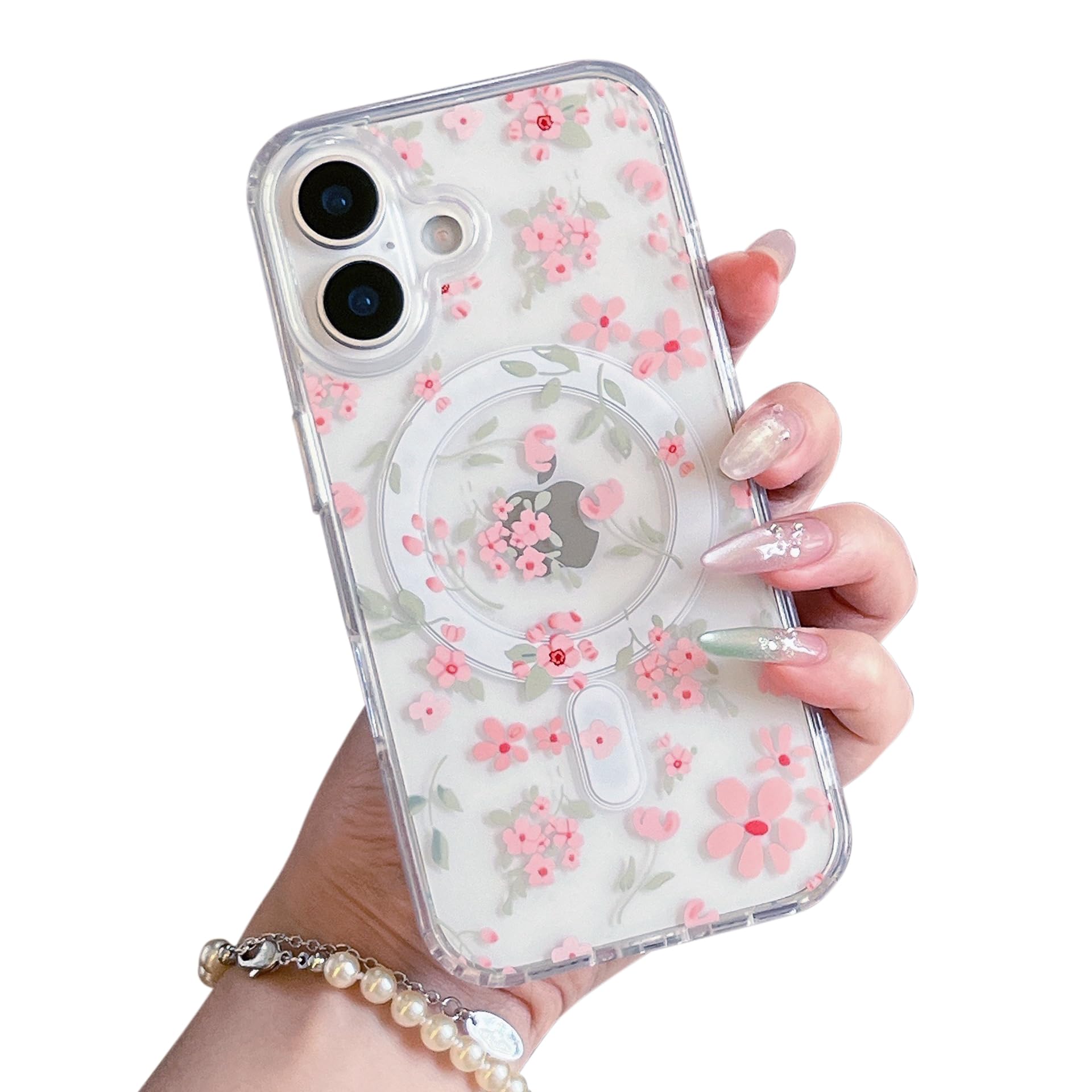QLTYPRI Magnetic for iPhone 13/14 Case Compatible with Magsafe, Cute Floral Flower Aesthetic Phone Case Slim Clear Anti-Yellowing Shockproof Phone Cover for Girls Women - Pink