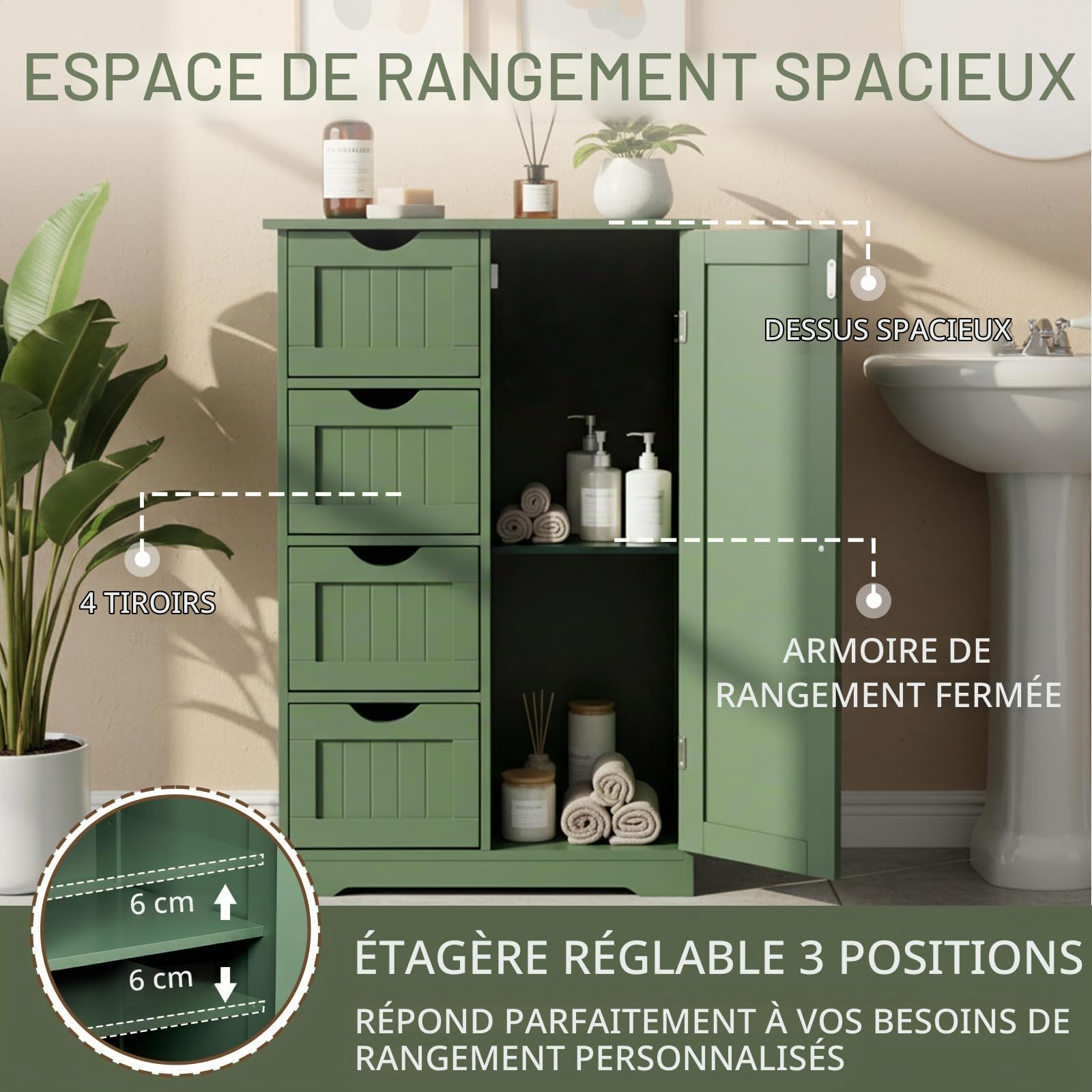 LEADZM Meuble Salle de Bain Rangement，avec étagères Réglables Vert Forêt | équipé de 4 Tiroirs, Convient pour Le Salon，la Cuisine，la Chambre à Coucher，Conception Anti-basculement