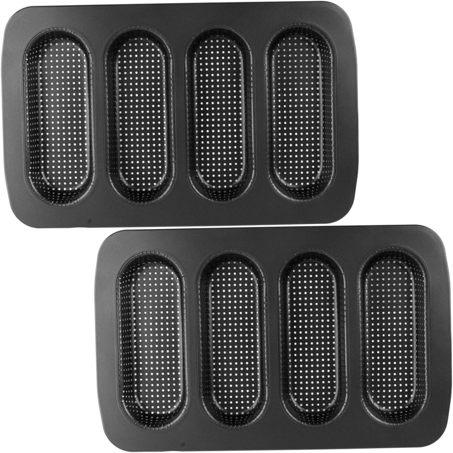 2Pcs Hot Dog Bun Pan 4 Cavity Carbon Steel Nonstick Perforated Baguettes Bread Pan Heat Resistant Food-Grade for Baking