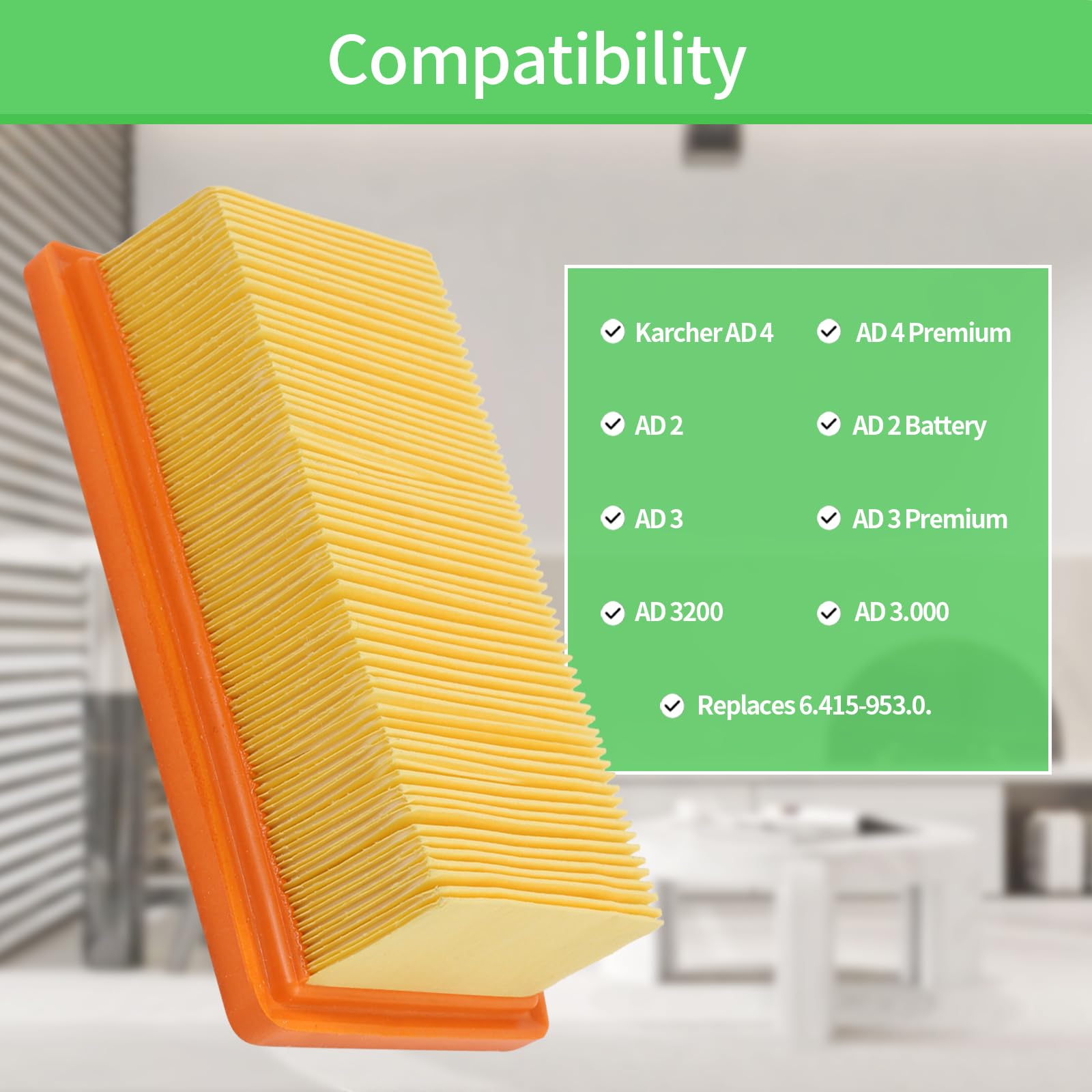 2 Filtres Plissés Plats De Rechange Pour Aspirateurs Kärcher AD 2 Battery, AD 3.000, AD 3 Premium, AD Premium - 10