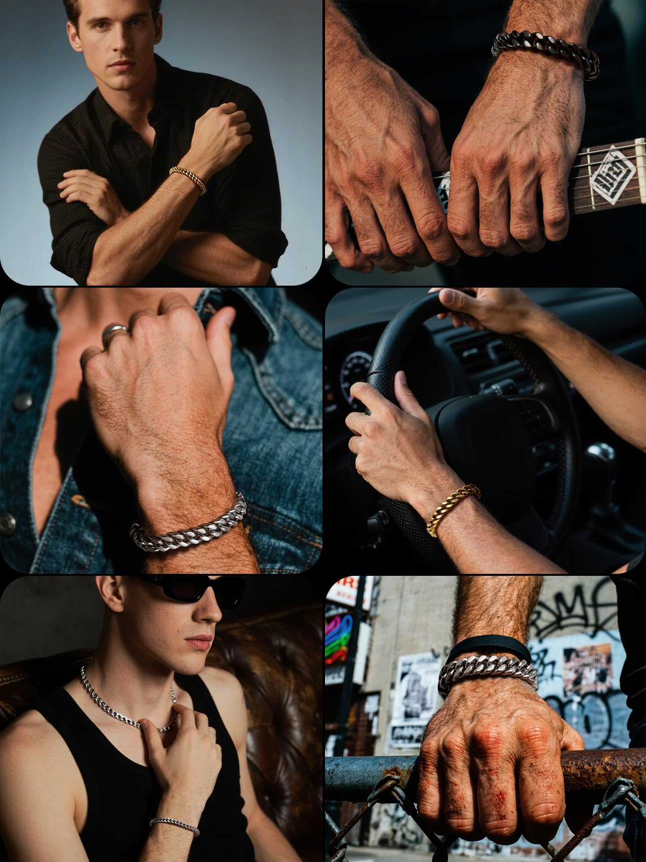 Bestyle Armband Herren Edelstahl Panzerkette - Silber/Schwarz/Gold Armbänder für Männer 5/7/9/12.5MM Breit - 19/21/23CM Länge Kubanische Herrenarmband Geschenke für Papa Bruder Ehemann Sohn