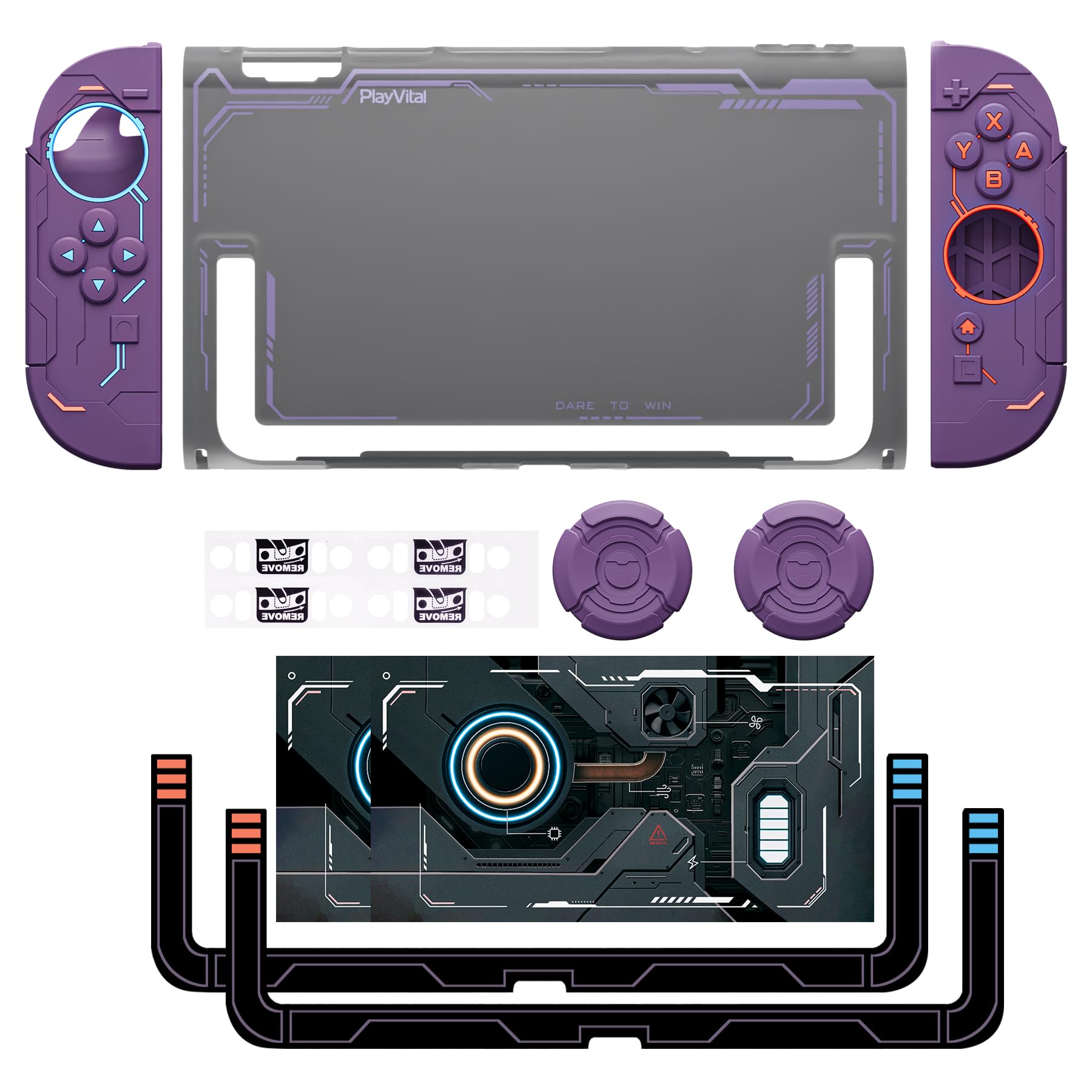 playvital Cover per Nintendo Switch 2 Dockable, Grip Ergonomico Antiscivolo in Silicone & Custodia Protettiva Rigida in PC Semi-Trasparente & Copri Levette & Adesivi, Mecha Stellare - Viola