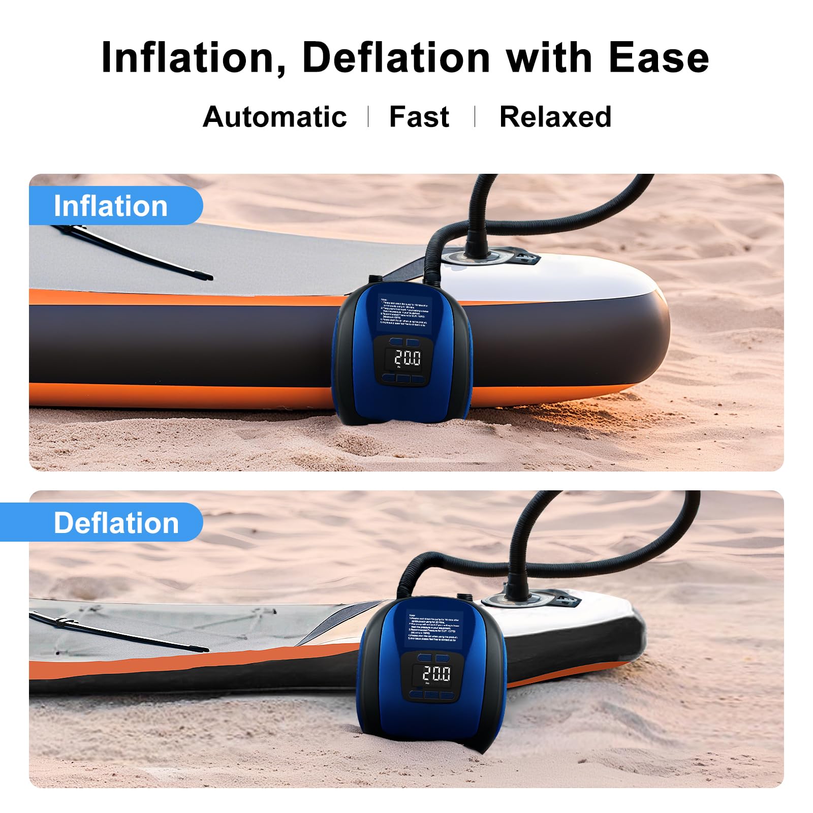 Pompa elettrica per pagaia, 20 psi, gonfiaggio intelligente con spegnimento automatico, LCD regolabile digitale, pompa da 12 V con 5 ugelli per SUP e kayak gonfiabili