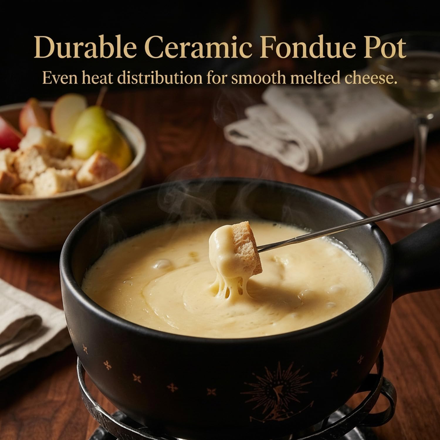 Artestia Ceramic Fondue Pot Set for Cheese & Chocolate, 2L Fondue Set for 6 People with Burner, Stand & Forks, Swiss Style Melting Pot for Party, Date Night & Gift - 3