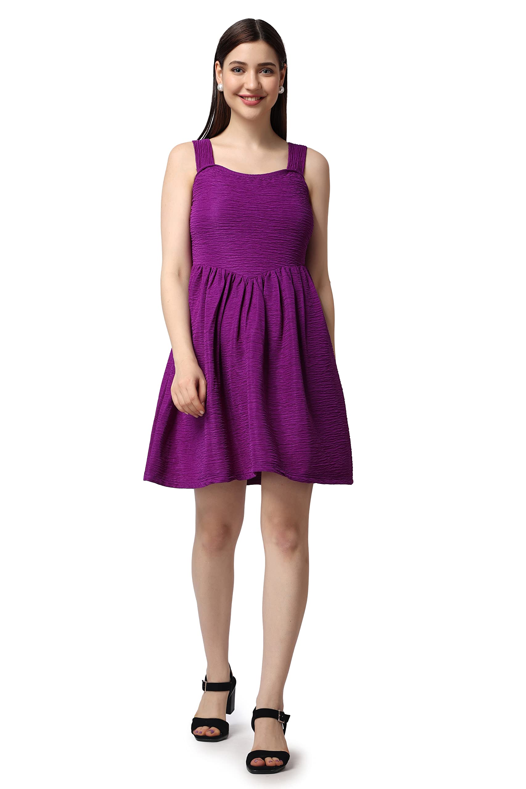 Popwings Casual Self Design Crush Dress For Women || Sleeveless Summer Dress For Women || Latest Stylish Knee-Length Women Dress || Square Neck Casual Women Dress Purple