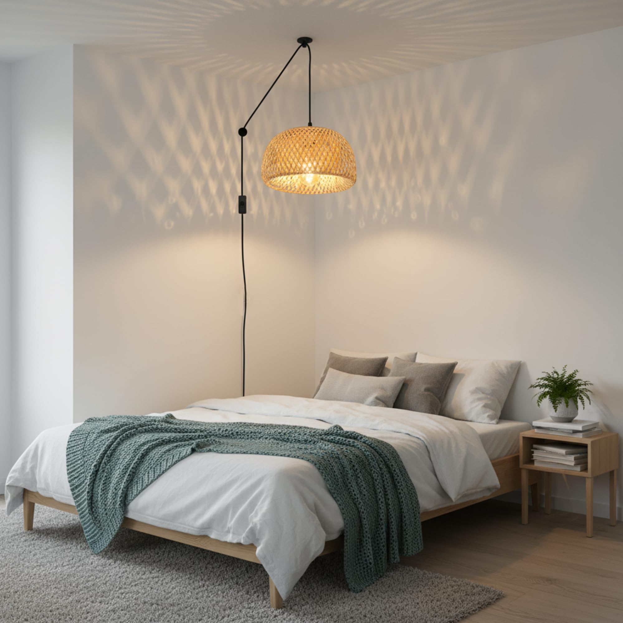 BARCELONA LED -YONNA Wisząca Lampa z Rotangu, Ręcznie Robiona Lampa Wisząca z Regulowanym Kablem i Wtyczką, Oprawka E27, Lampa Dekoracyjna do Salonu, Sypialni, Kawiarni, Styl Boho, Skandynawski