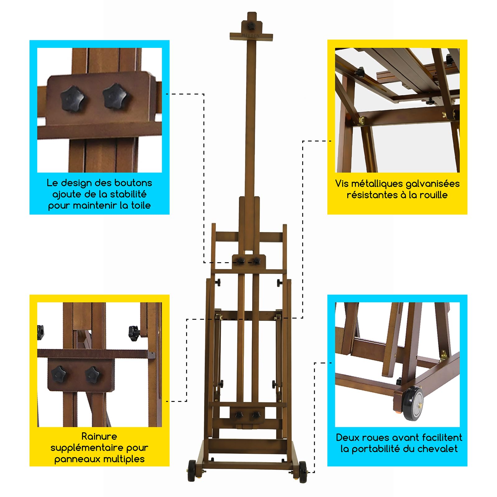 MEEDEN Chevalet Peinture en Bois Hêtre : Chevalet de Studio Polyvalent en H Pliable et Réglable, Grand Support de Peinture pour Tous Médiums – Supporte les Toiles jusqu'à 196 cm, Noyer clair
