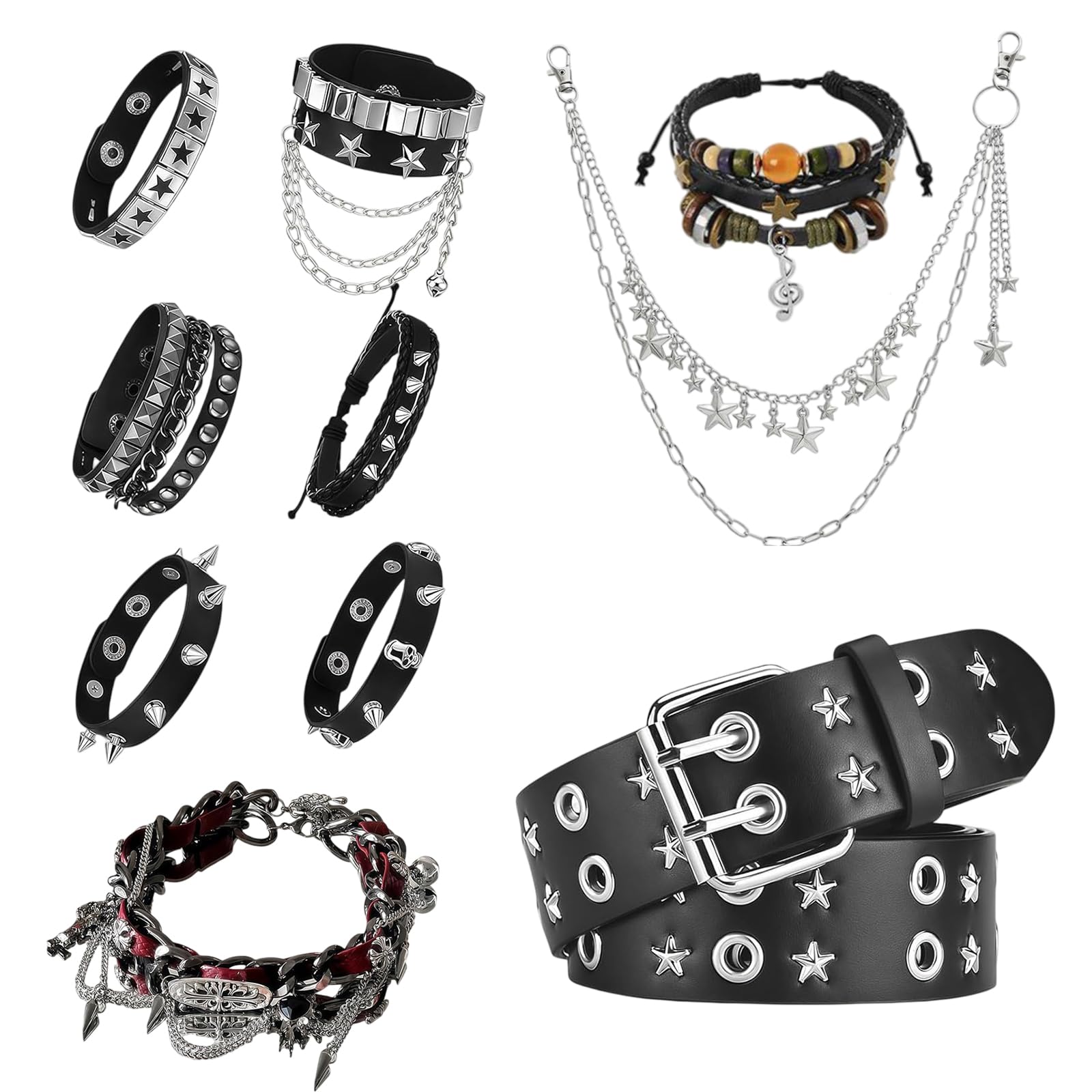 Juego de 10 accesorios unisex Y2K que incluye cinturón con estampado de estrellas, juego de pulseras de 7 piezas, gargantilla gótica negra y cadena de cintura de metal, cuero negro, moda