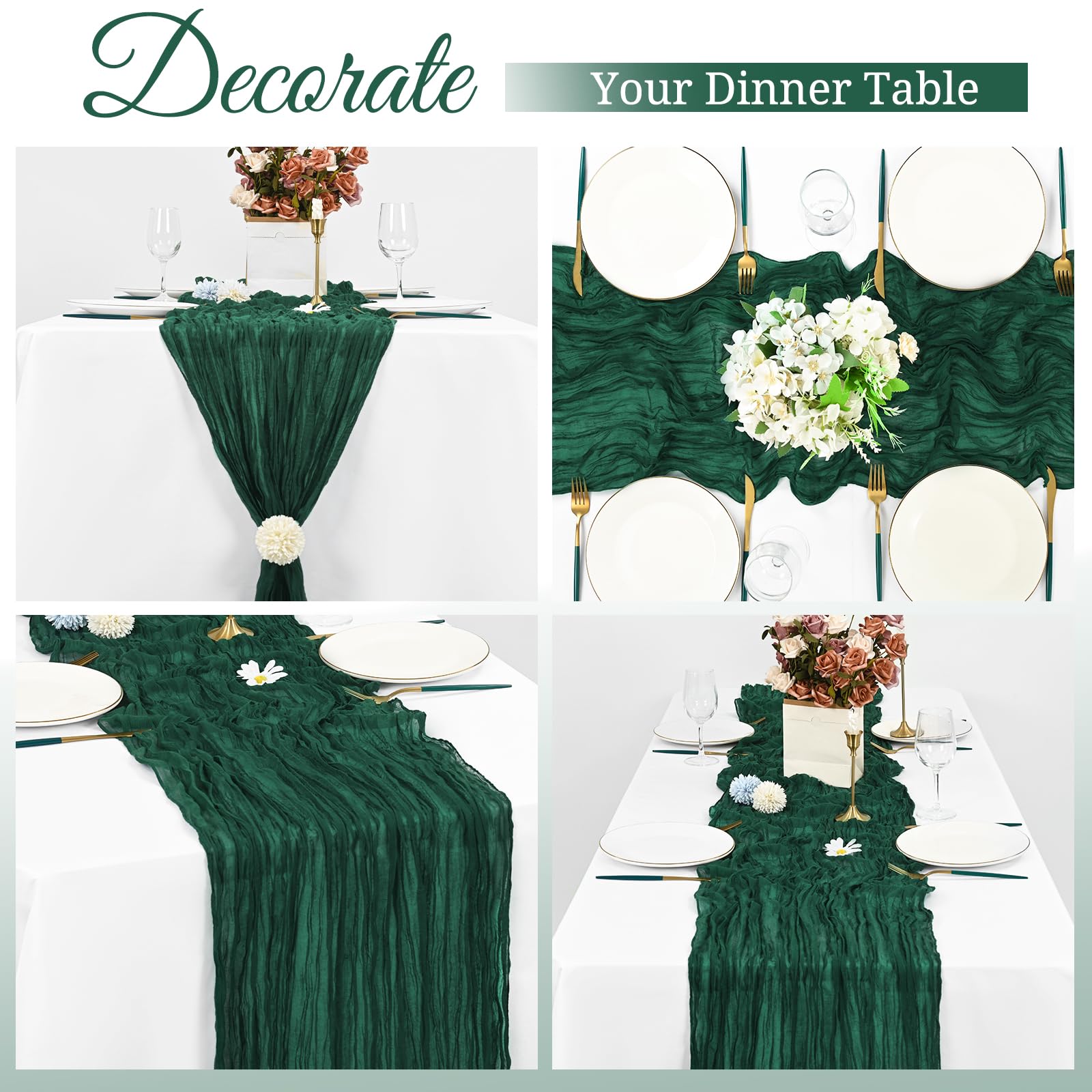 Chemins De Table Satin Réutilisables - Lot De 4, Vert Foncé, 30x275 Cm, Lavables, Pour Mariage Ou Fête