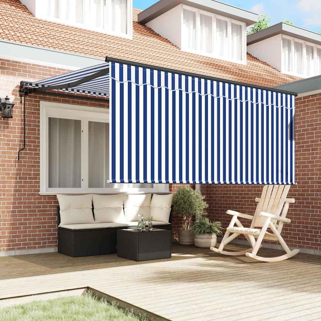 Toldo retráctil azul blanco 300 x 250 cm con mando a distancia, toldo de poliéster y aluminio resistente a la intemperie para terraza jardín, protección solar ajustable, duradero