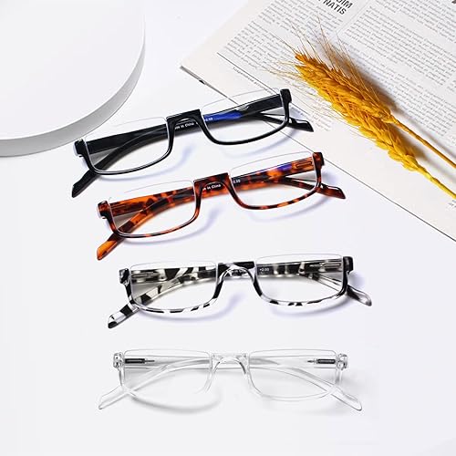 Miniatura 7 de Henotin 4 pares de anteojos de lectura para mujeres y hombres, lectores, marco de media luna, bloqueo de luz azul, lentes con bisagra de resorte
