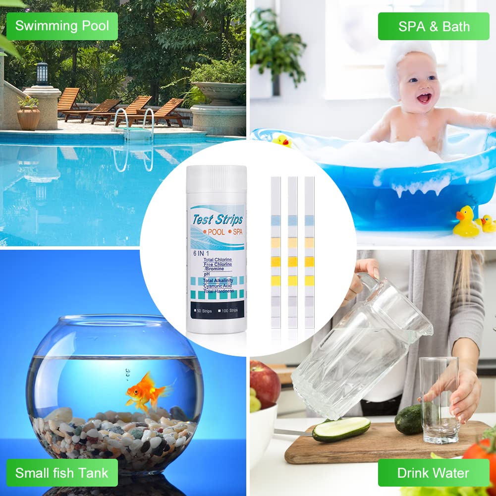 Flintronic Zestaw 50 pasków testowych do kontrolowania jakości wody basenowej 6 w 1, do chloru, bromu, PH, zasadowości całkowitej, twardości, kwasu cyjanurowego, paski do spa i basenu