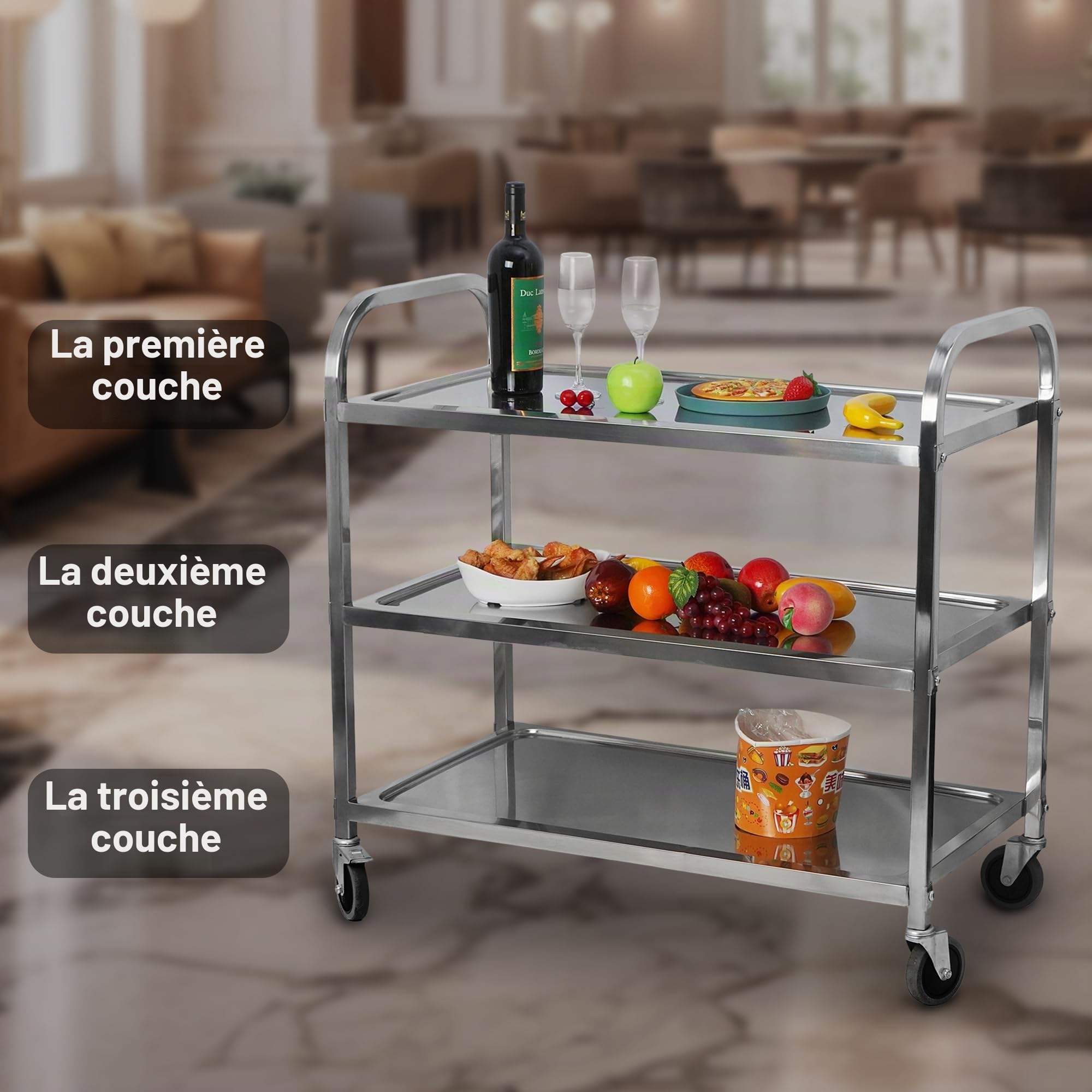 uyoyous Chariot Utilitaire en Acier Inoxydable avec roulettes et poignée,3 étages,Chariot de Cuisine en Acier,pour Restaurant et hôtel,2 Roues avec Frein de Frein et 2 sans Frein,75x40x83.5cm