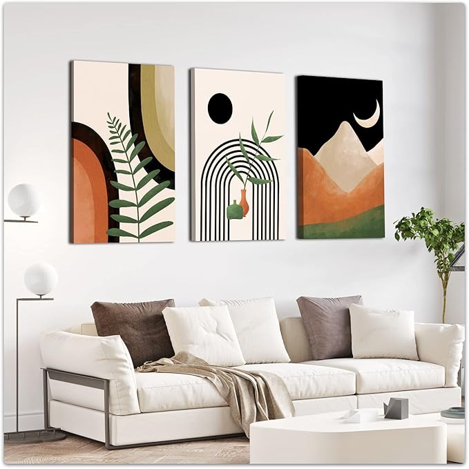 Gisipameis Large Framed Canvas Boho Wall Art Set of 3 Mid Century Modern Wall Art 16" x 24", Minimalist Wall Art Black Beige Neutral Abstract Geometric Canvas Prints for Living Room Bathroom