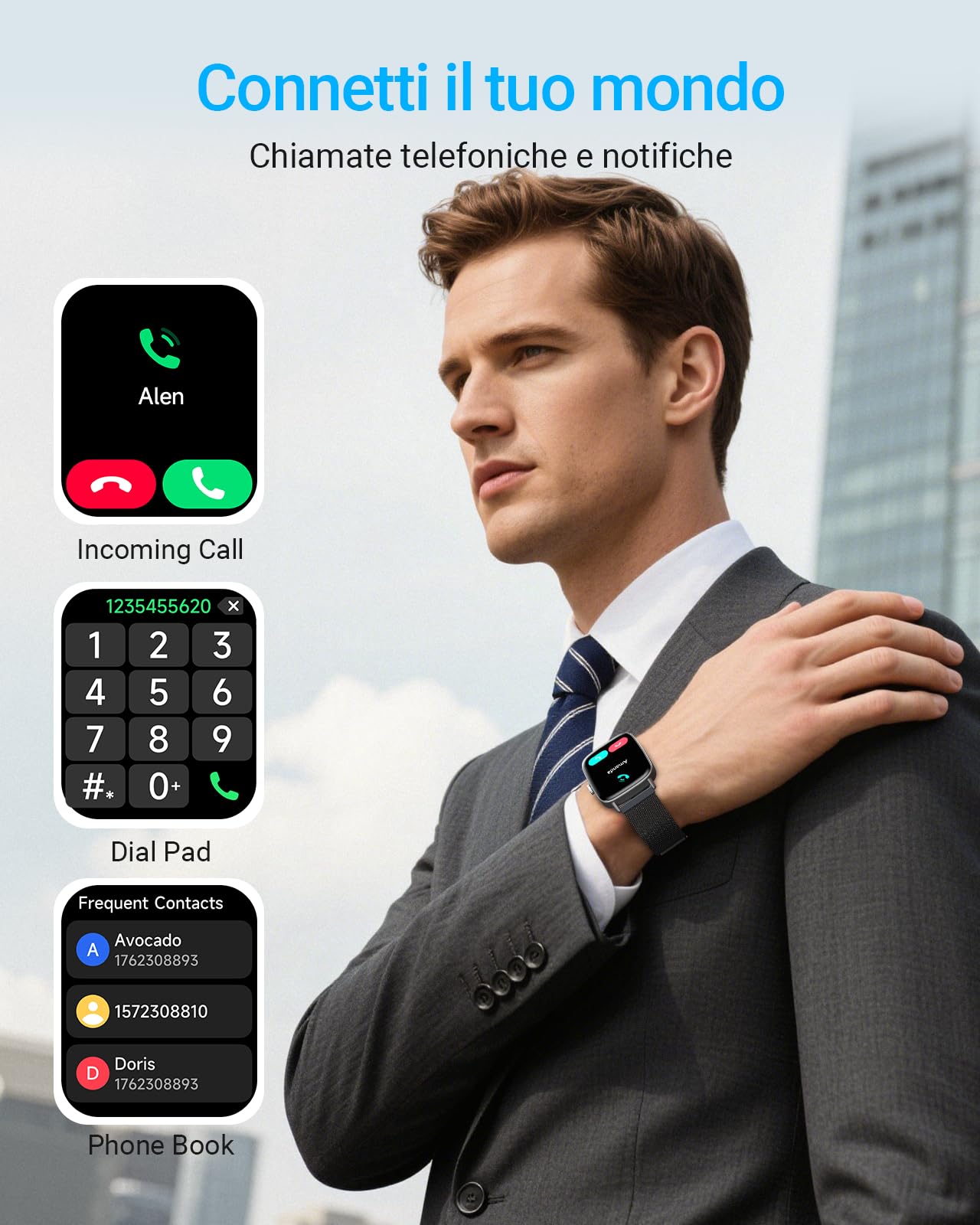 Smartwatch Uomo Donna Chiamate e Whatsapp, 1.85" Smart Watch Contapassi Cardiofrequenzimetro da polso/SpO2/Contapassi/Sonno, Orologio Smart Fitness Sportivo Impermeabile per Android iOS Metallo Nero