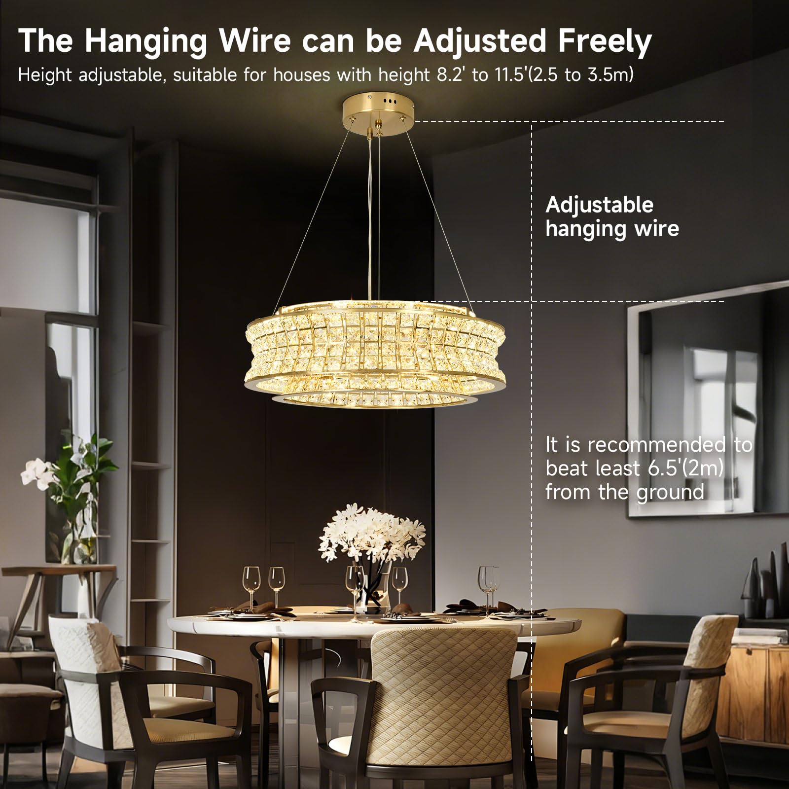 Lámpara de araña moderna de cristal dorado, lámparas colgantes redondas LED, lámparas de araña doradas ajustables para vestíbulos, salones y comedores, 50 cm