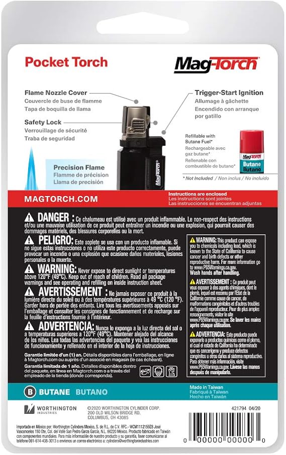 Mag-Torch Pocket Torch - Precision Flame, Windproof, Butane Keychain Lighter with Safety Lock for Everyday Use and Camping, Lighting Smokers, Campfires and Grills, or Repairing Nylon Rope