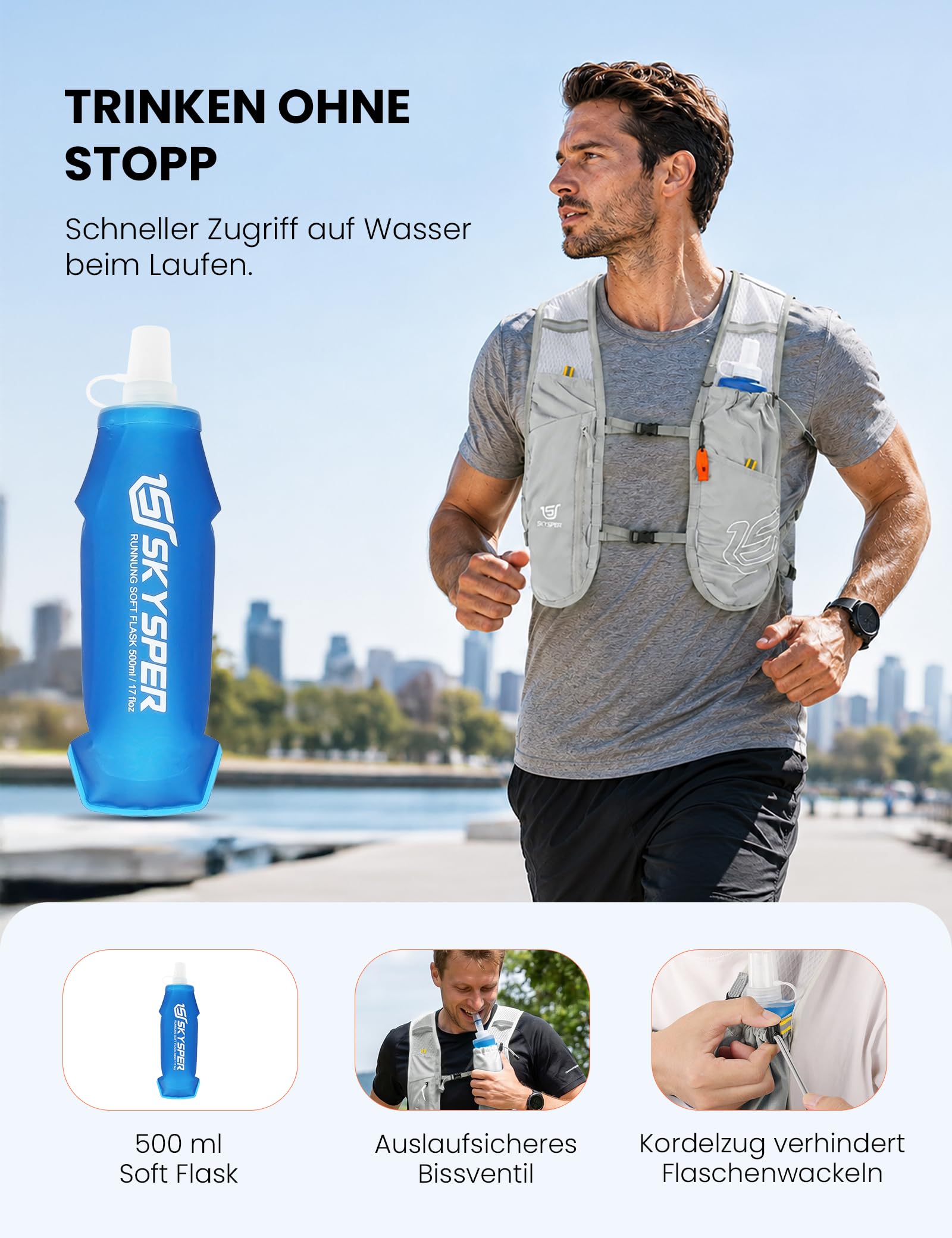 SKYSPER Laufweste Damen und Herren Laufrucksack 8L | mit Wasserdichter Handytasche und 500ml Trinkflasche, Leicht und Verstellbar für Jogging Trailrunning Marathon