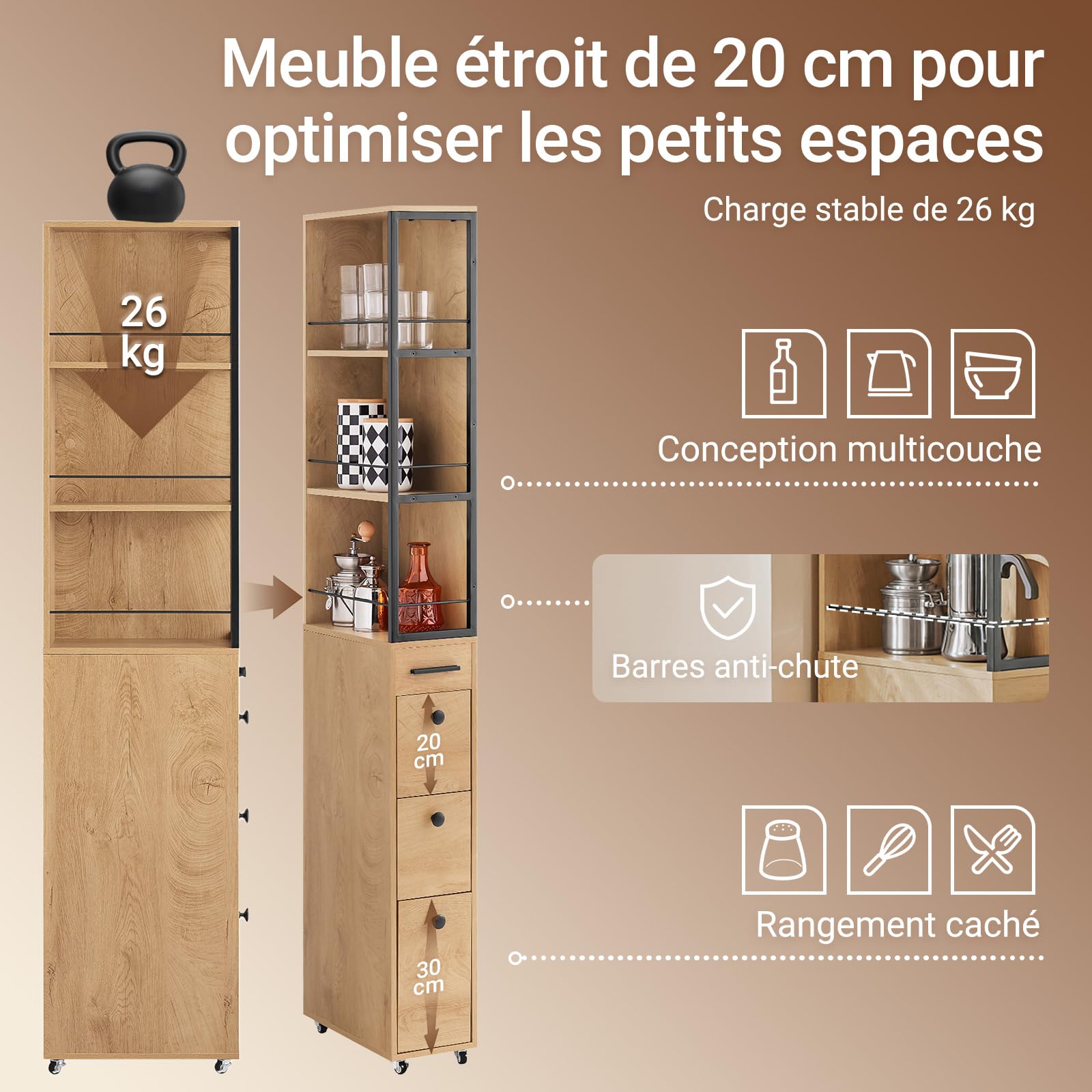 SoBuy Chariot de Rangement à 4 roulettes, 20cm, 40x20x170cm, Petite Cuisine | Desserte Cuisine et Salle de Bain Multi-Usage, 3 tiroirs, 3 tablettes et barres antichute, PB+MDF, NSR13-N