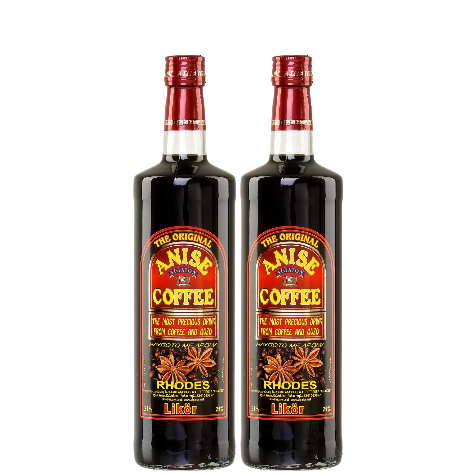 Kaffee Ouzo Likör 2x 1,0l 21% | Das Original von Rhodos | Anis Coffee Aigaion | + 20ml Jassas Olivenöl