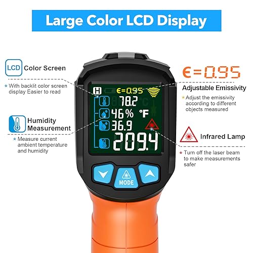 Miniatura 4 de Pistola termómetro infrarroja, pistola de temperatura láser digital, -58F a 1472F, pistola de temperatura IR sin contacto con LCD a color para