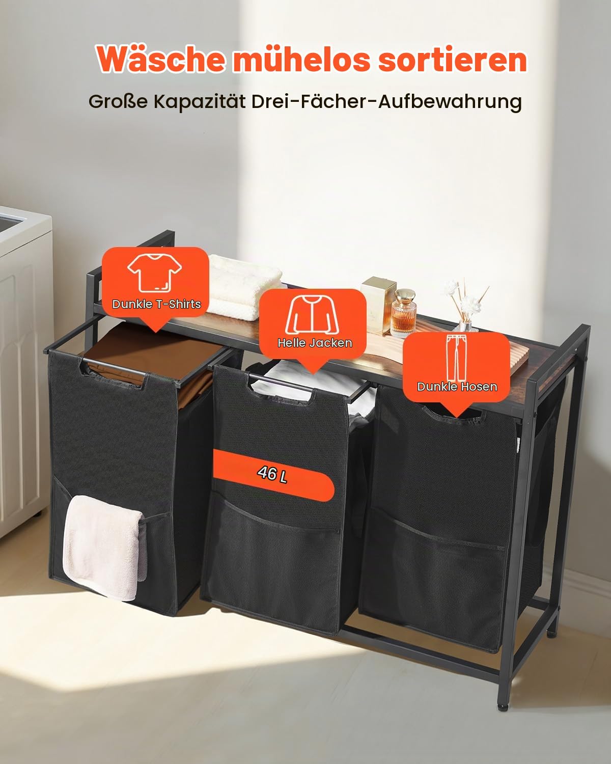 VEVOR Wäschekorb Wäschesammler mit Holztischplatte, Wäschesortierer mit 3 ausziehbaren Beuteln (600D Oxford Stoff) & Metallrahmen, Wäsche-Sortiersystem für schmutzige Kleidung Badezimmer Schwarz