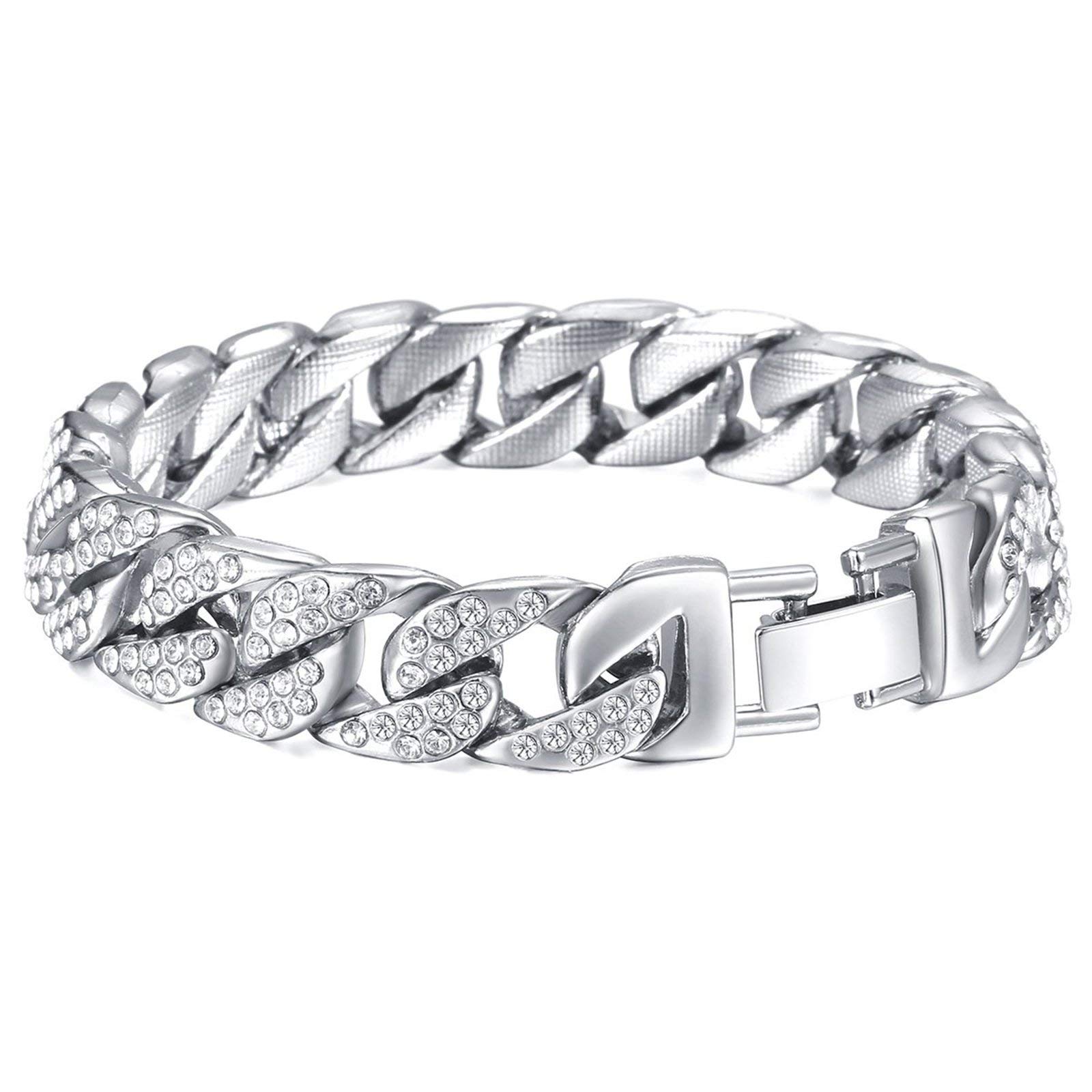 ZIVOM® Hip Hop Cuban Curb Rhinestone Cubic Zirconia Silver Bracelet for Men (Silver) (B07W7SXX6H) Amazon Price History, Amazon Price Tracker
