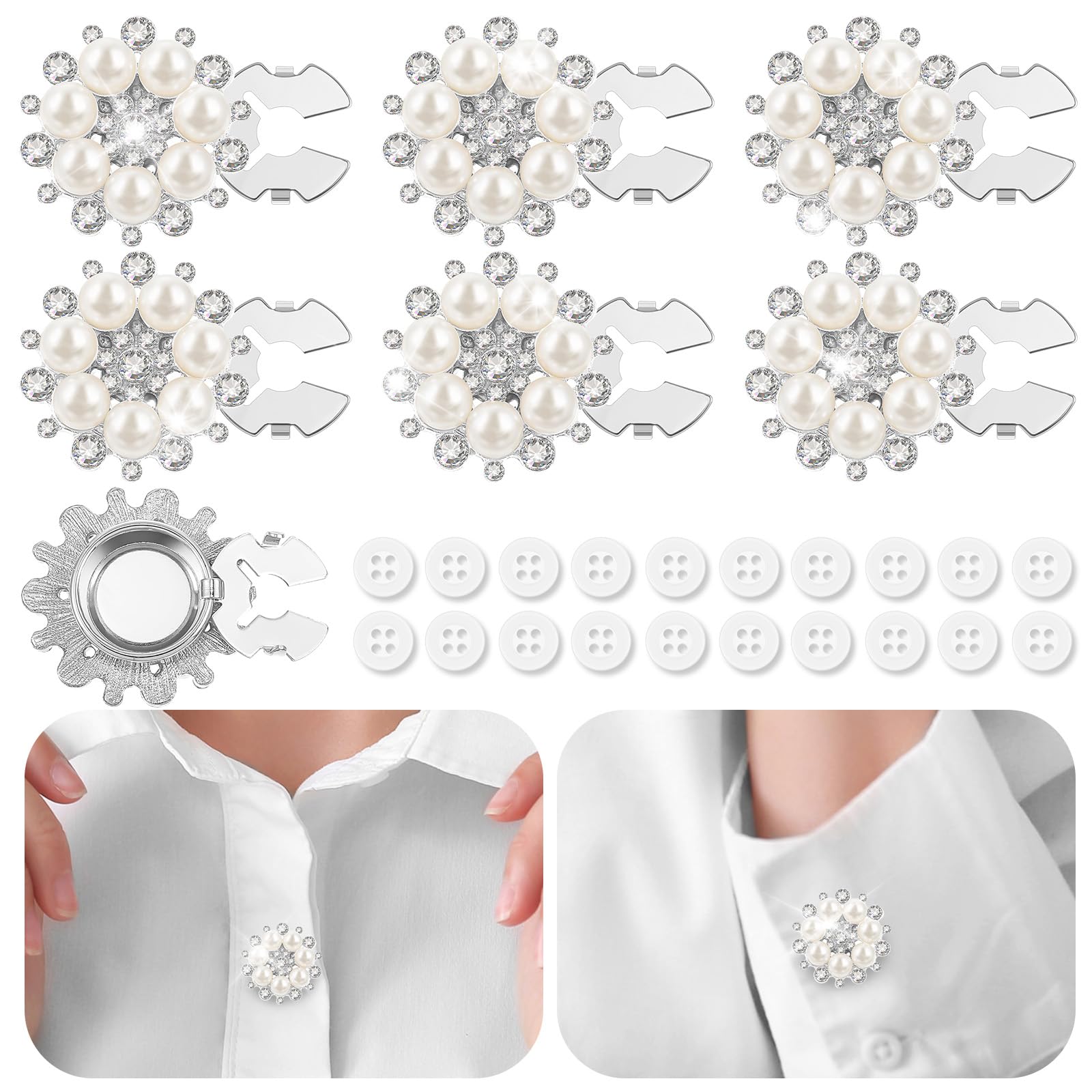 6 Sets Button Covers, Rhinestone White, Pearl Flower Clip on