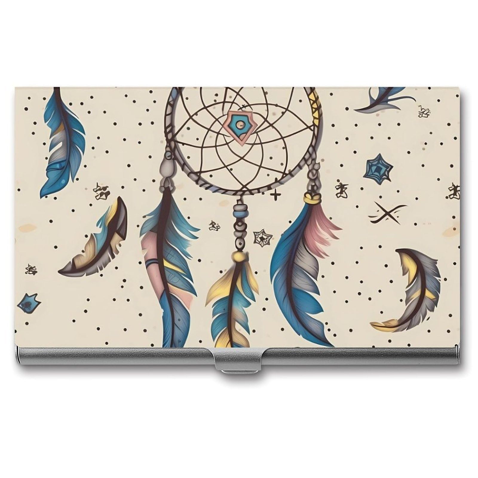 BTCOWZRV Dream Catcher And Moon Business Card Holder Metal Slim Business Card Case, Pocket Card Holder for Men Women Purse Name Card Holder Stainless Steel Wallet Credit ID Case for Office