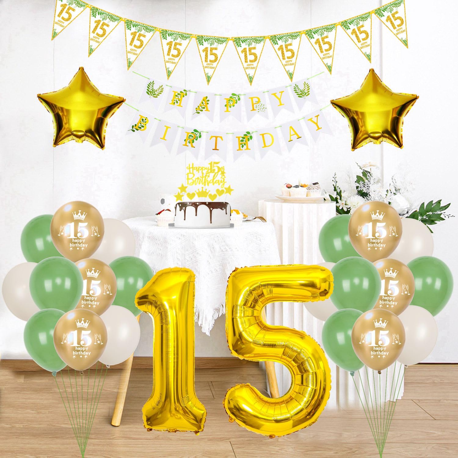 Kit Decorazione Compleanno 15 Anni Verde Oliva E Oro: Palloncini Numero 15, Ghirlanda, Cake Topper E Palloncini Lattice