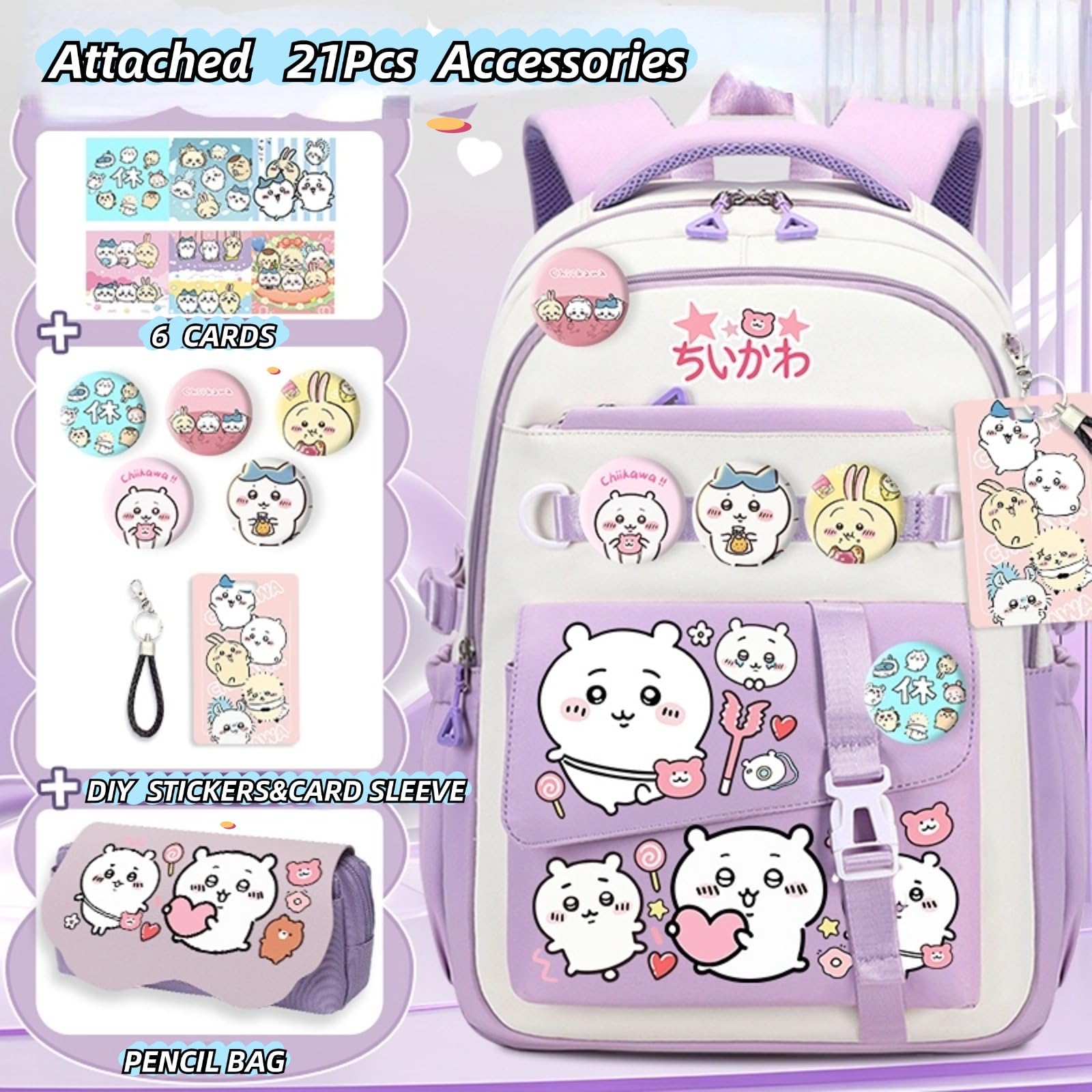 Kawaii Backpack with 21Pcs Accessories Anime Cartoon Anti-Theft Travel Aesthetic New Semester Gifts Bag with Cute Pins…